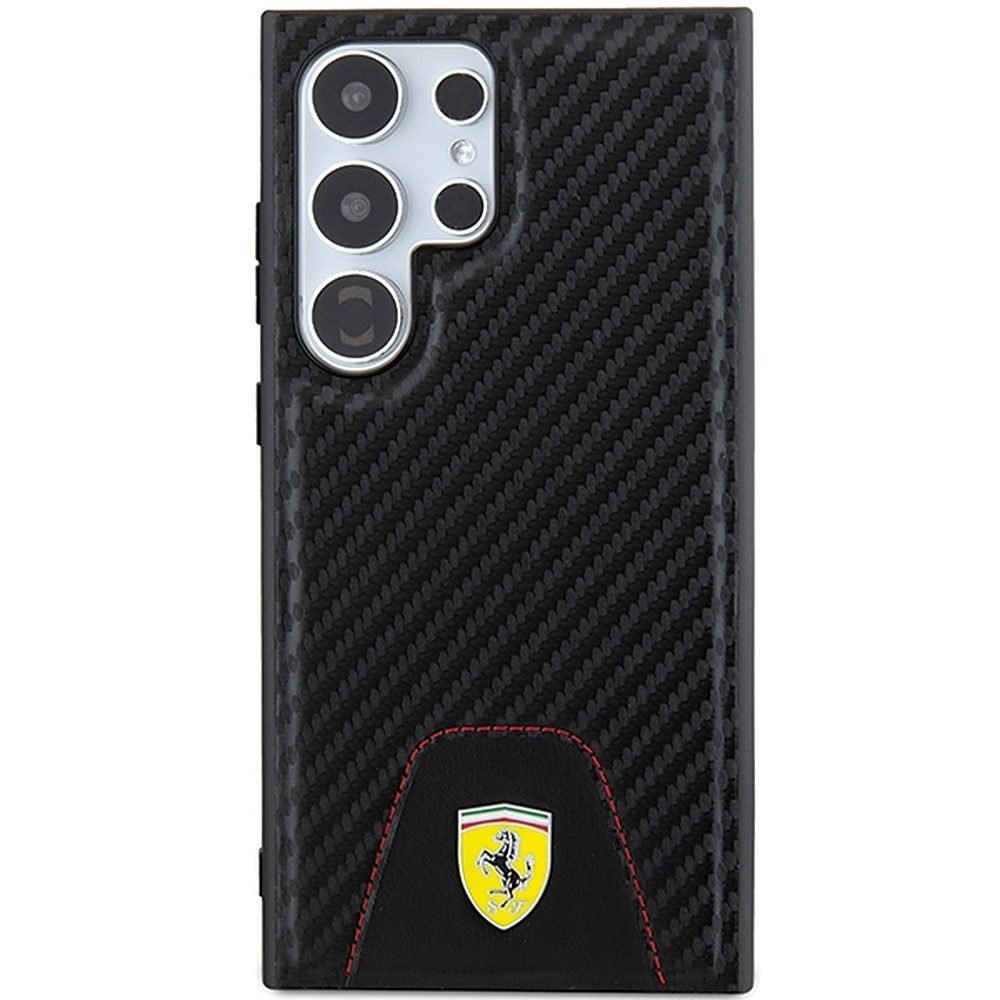 Ferrari Handyhülle Carbon Lederakzent Cover, Carbon-Optik, Leder-Akzent, Metall-Logo, Kameraschutz