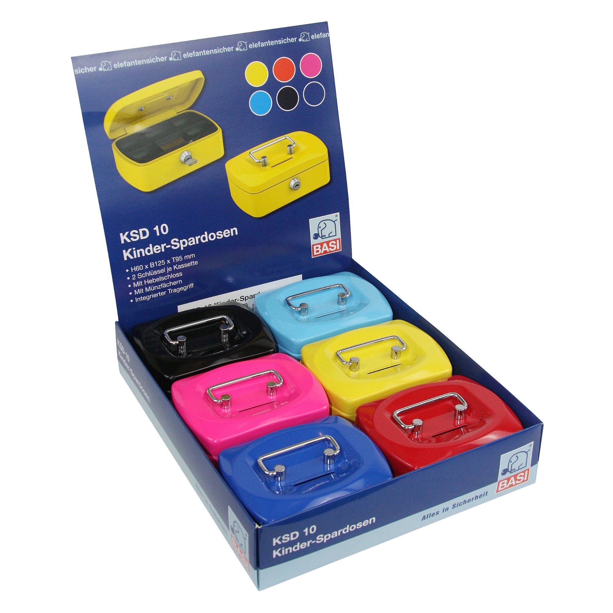 BASI Geldkassette Kinder-Spardosen, Bargeldkasse (Packung, 6 St), mit Münzfächern, farbig sortiert, 6 Stück