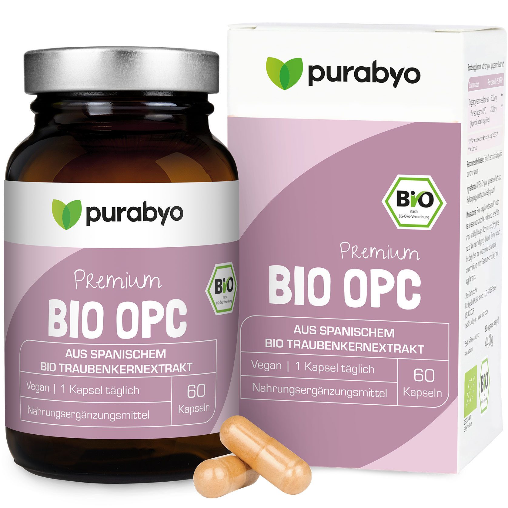 Purabyo BIO OPC, aus La Mancha (Spanien), 300 mg reines OPC, im Glas Kapseln, 1 er 60 St., 44 g