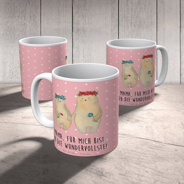 Mr. & Mrs. Panda Tasse Bären mit Blumenkranz - Rot Pastell - Geschenk, Tasse, Kaffeebecher, Keramik, Exklusive Motive