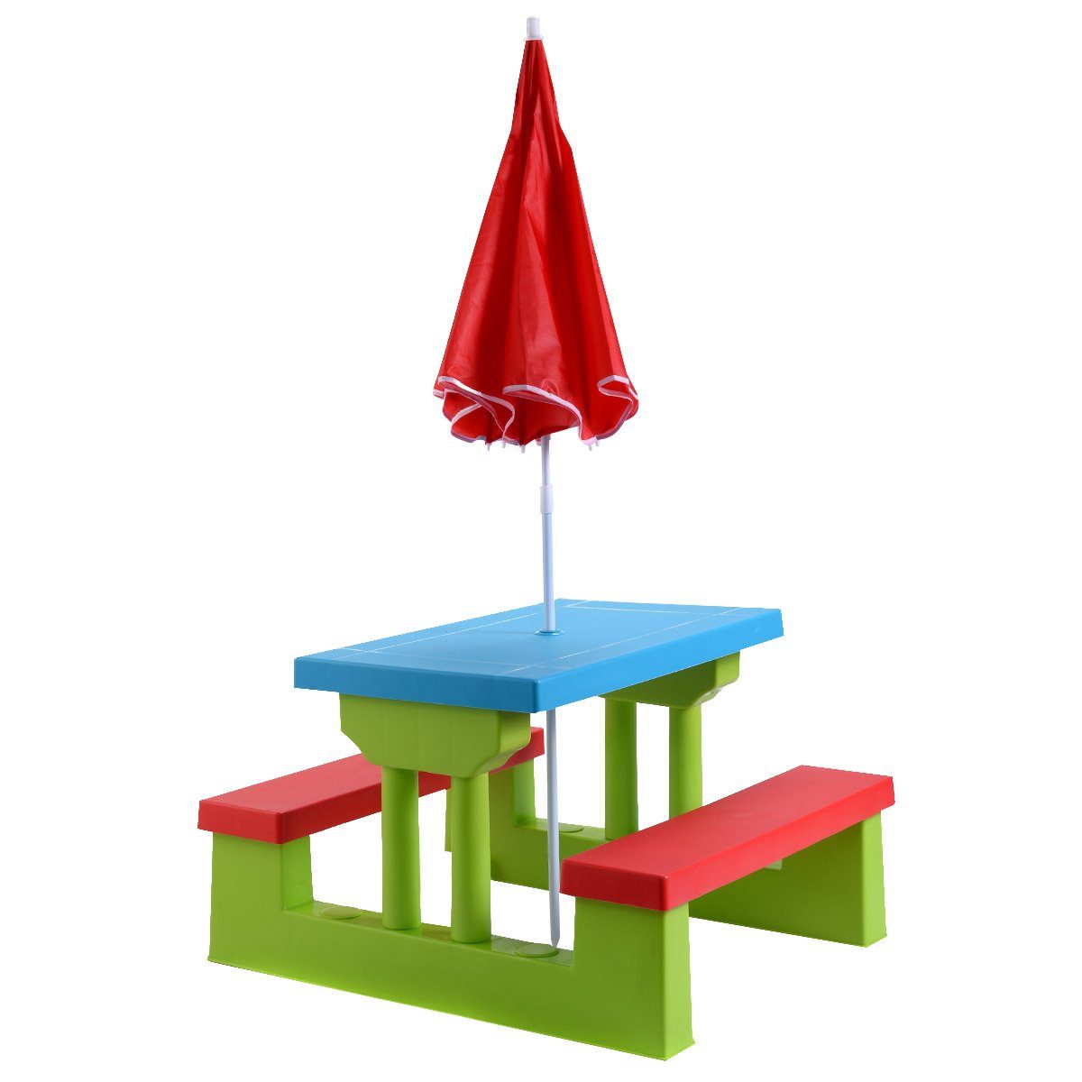 mit Sonnenschirm Kindertisch, Kindersitzgruppe COSTWAY Rot+Blau+Grün Sitzgarnitur,