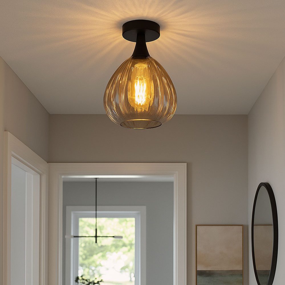 GLOBO LIGHTING Deckenleuchte, Leuchtmittel nicht inklusive, Deckenleuchte Wohnzimmerlampe Metall Glas rauch schwarz H 27,5 cm