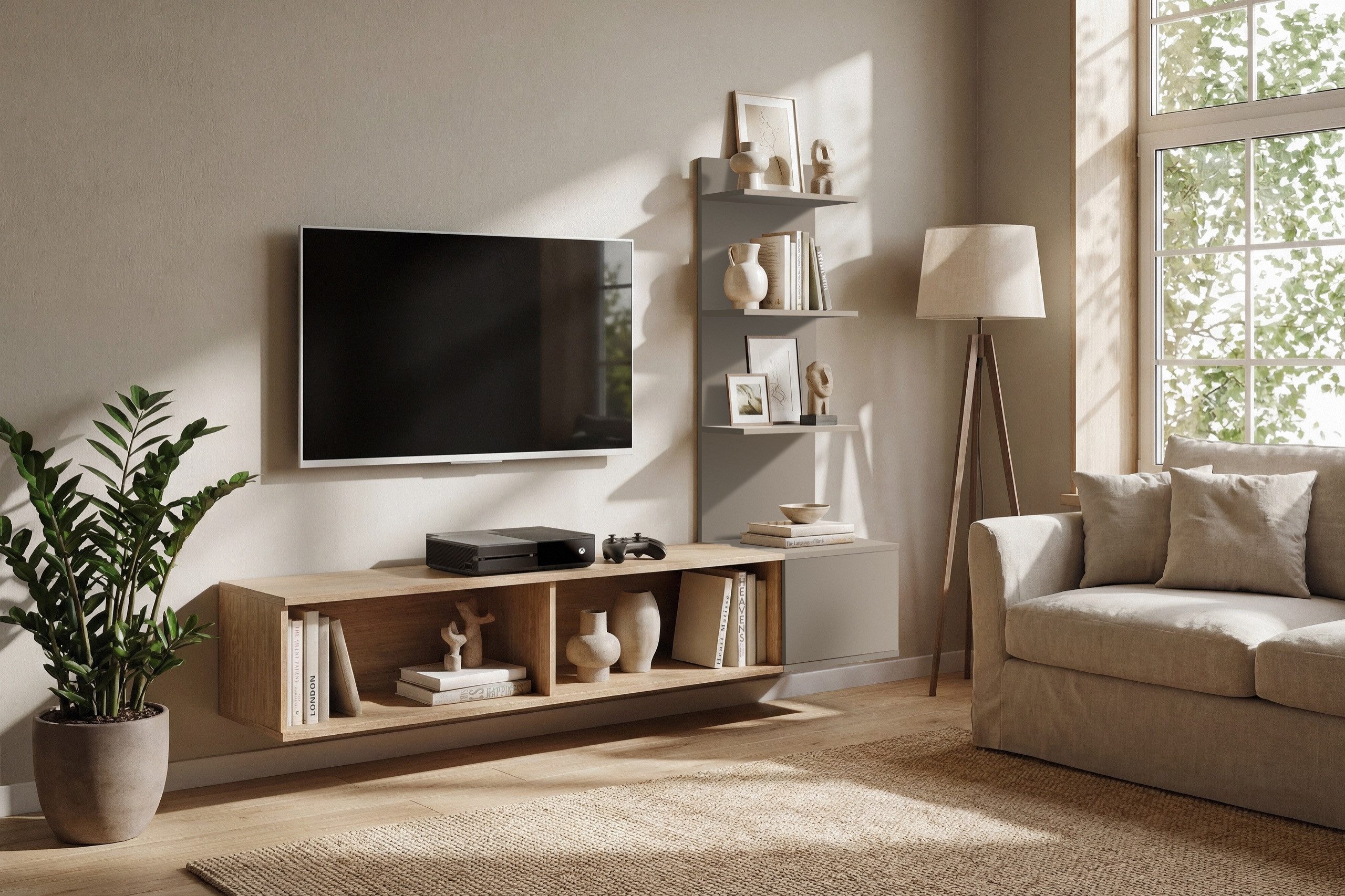 ASM-Moebel Wohnwand Anbauwand Wohnwand Schrankwand JOY mit Push-Click System, Mit Push-Click System und Lammelenoptik Front (DC)