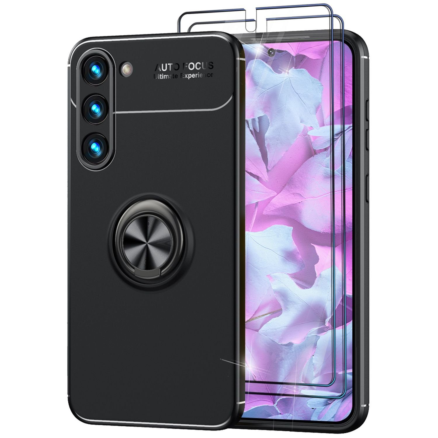 Nalia Smartphone-Hülle Samsung Galaxy S23 15,5 cm (6,1 Zoll), Matte Ring Silikon Hülle / 2x Displayschutz / 360° Ring / Aufsteller