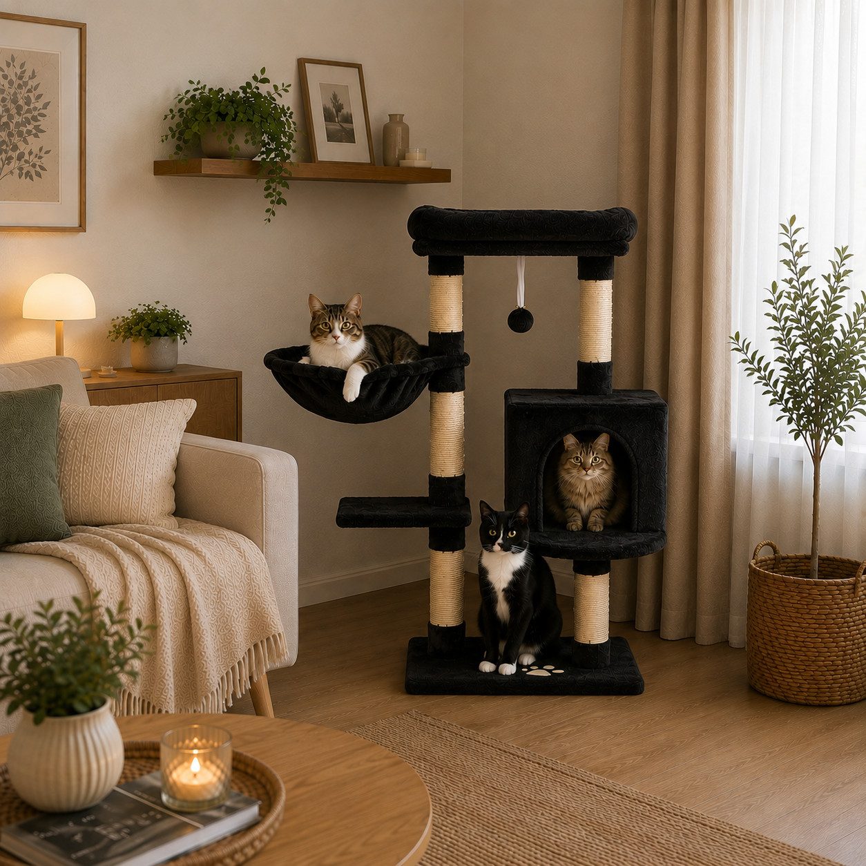 belviona Kratzbaum 93 cm mit Liegemulde, Höhle, Liegebett & Sisalstämmen, schwarz, Vielseitiger Katzenkratzbaum mit Wandhalterung