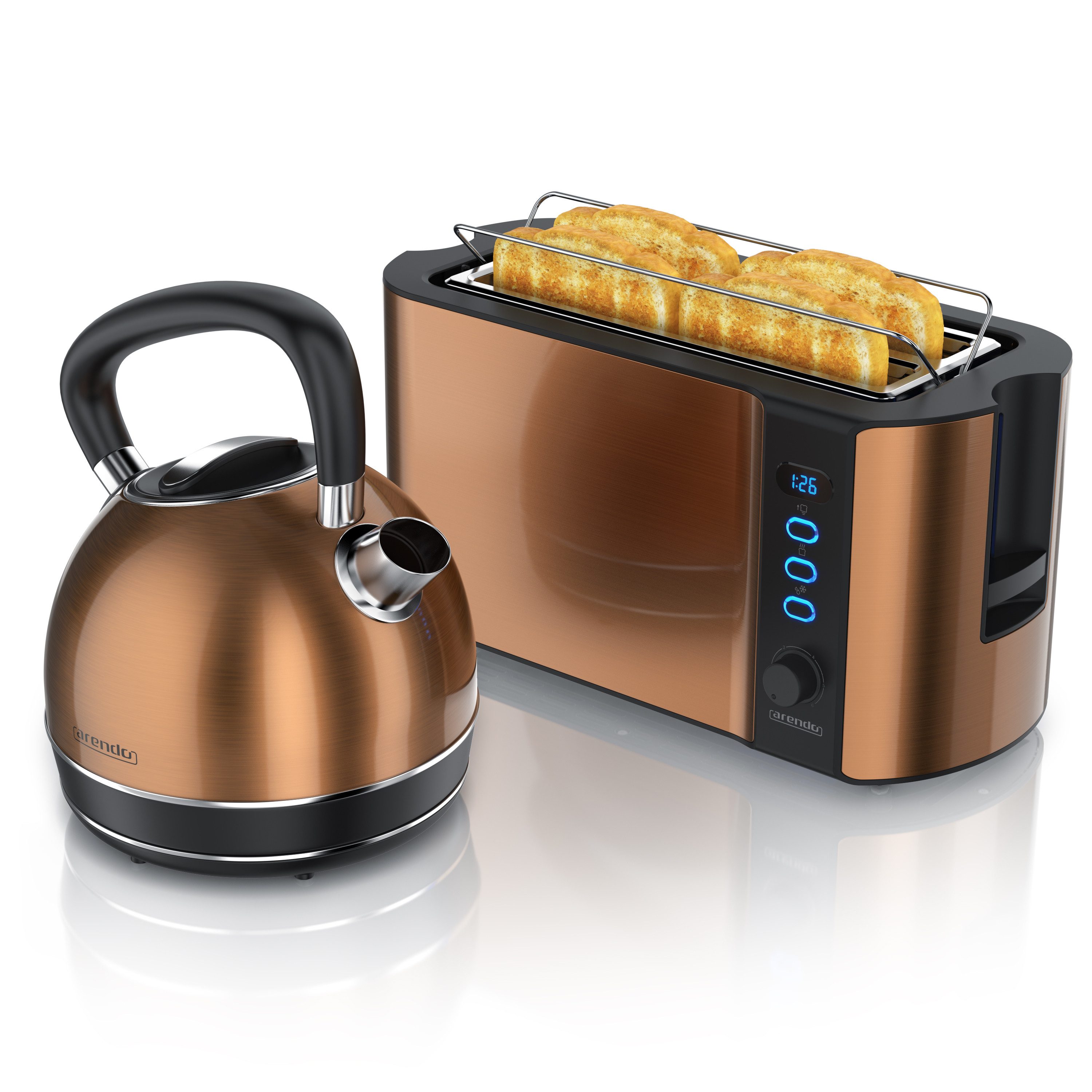 Arendo Frühstücks-Set Edelstahl Wasserkocher 1,7l, 4-Scheiben Langschlitz Toaster, kupfer (2-tlg), Frühstücksset, Wasserkocher Retro, 2200W, Toaster Brötchenaufsatz