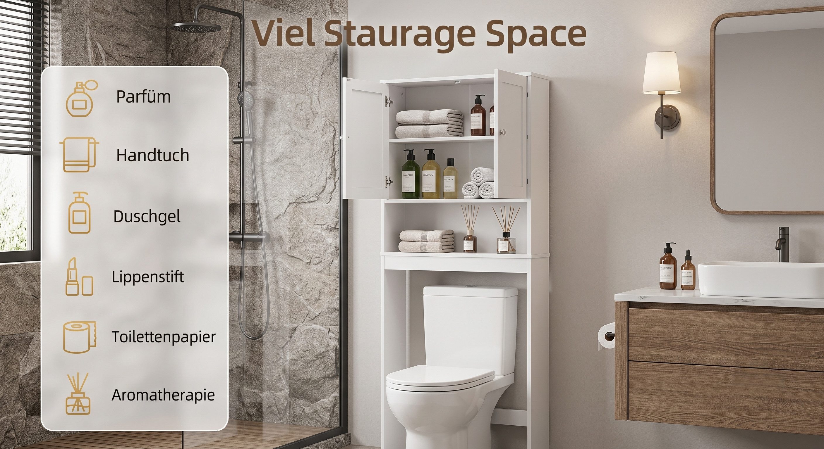 Blishom Badregal WC-Regal über Toilette, Badezimmerschrank mit Verstellbarem Regalboden, Badregal Platzsparend mit Offenem Fach, 167 x 60 x 23 cm