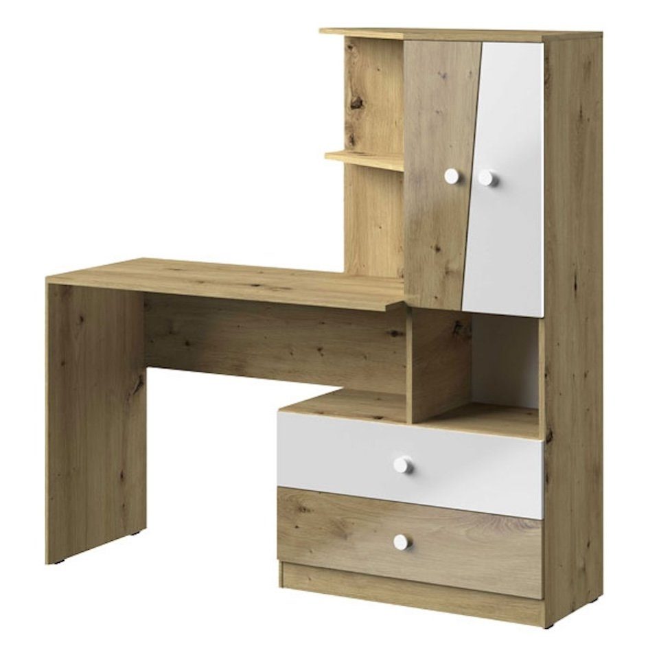 Feldmann-Wohnen Schreibtisch Nero, 150cm artisan eiche / weiß Hochglanz mit weißen Knopgriffen