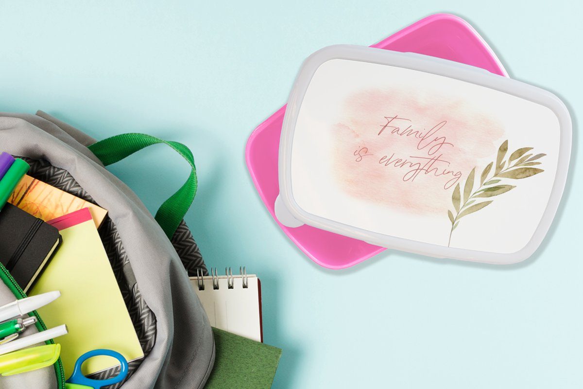 Kunststoff, ist Sprichwörter Familie alles, Lunchbox (2-tlg), Kinder, MuchoWow Kunststoff Mädchen, Snackbox, Erwachsene, Brotdose - rosa - Zitate Brotbox für