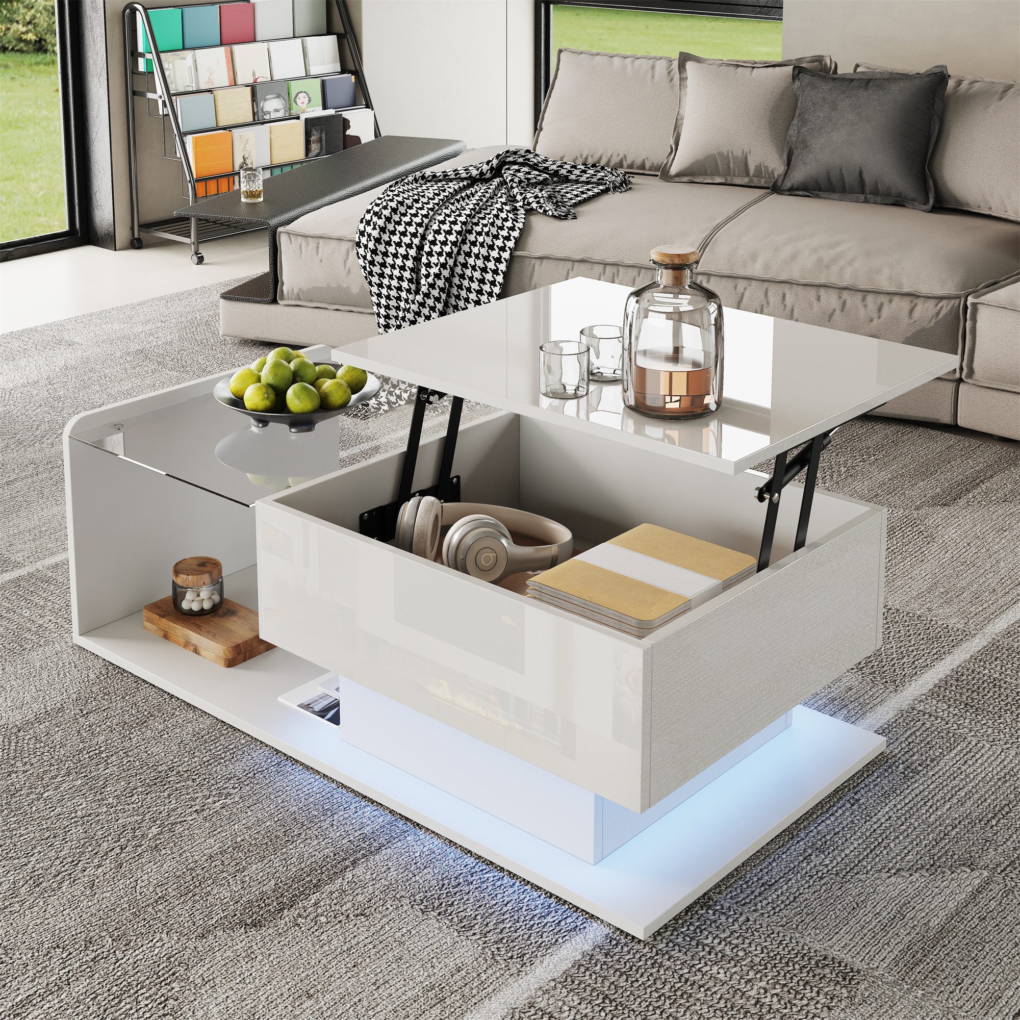 Merax Couchtisch hochglanz Sofatisch höhenverstellbar Beistelltisch mit LED-Beleuchtung (1-St., 100 L x 50 B x 33/47,5 H cm), Wohnzimmertisch mit Glasplatte & v – Bild 4 von 5