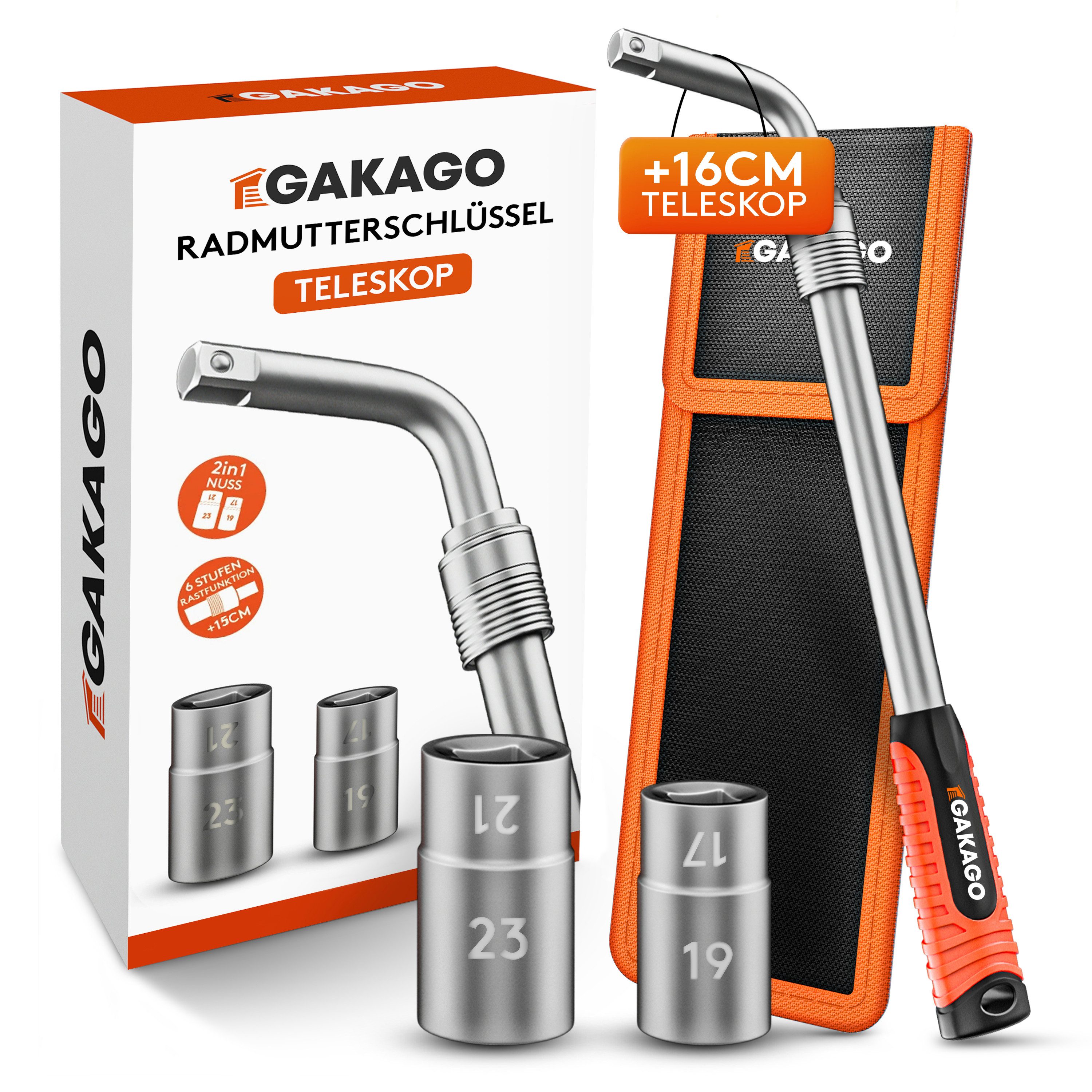 Gakago Radmutternschlüssel Teleskop (Set, mit 17/19mm & 21/23mm in Aufbewahrungstasche), - Extra langer ausziehbarer 1/2 Zoll Radschlüssel