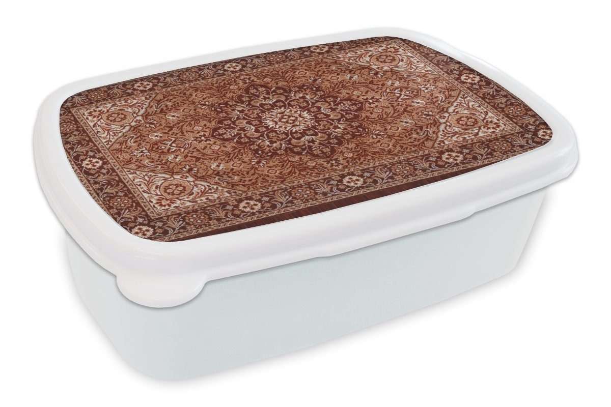 MuchoWow Lunchbox Persischer Teppich - Teppich - Mandala - Braun, Kunststoff, (2-tlg), Brotbox für Kinder und Erwachsene, Brotdose, für Jungs und Mädchen weiß