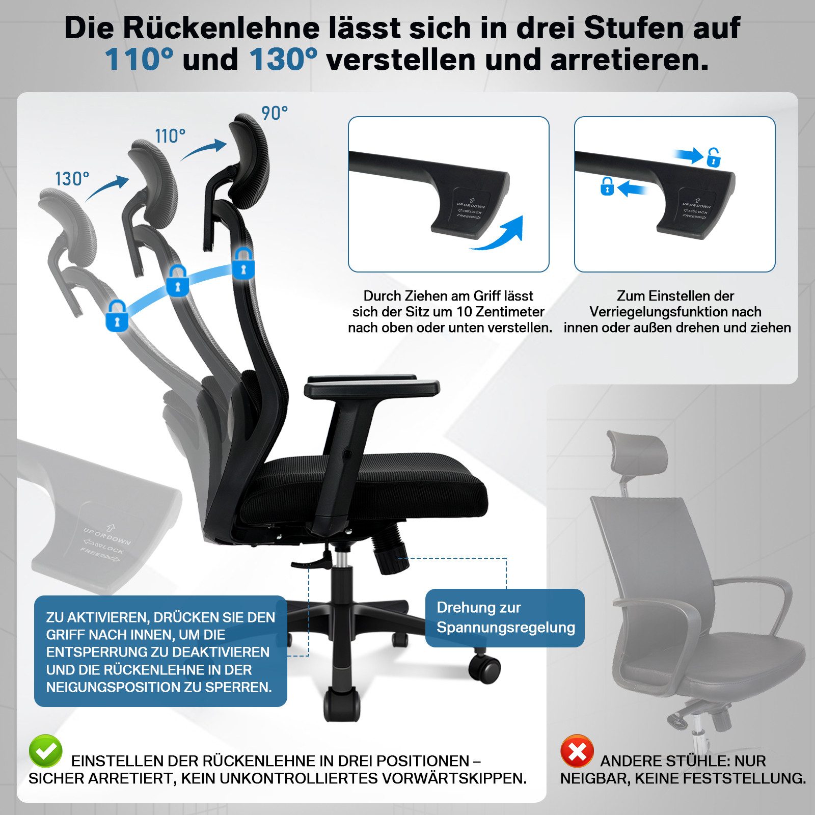 Milacyee Bürostuhl Chefsessel Wippfunktion 200kg belastbar ergonomisch,Bürostuhl (Verstellbare und feststellbare Lendenstütze + Kopfstütze + höhenverstellbare Armlehnen), maximale Neigung bis 130°.