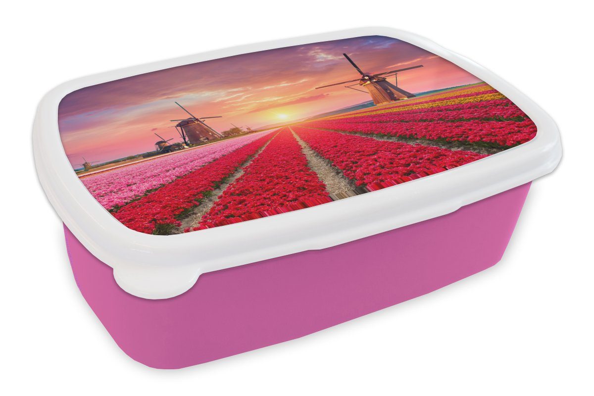 - für Tulpen Brotbox Kunststoff - Kinder, MuchoWow Snackbox, Windmühle Blumen - Rosa, (2-tlg), Mädchen, Lunchbox Brotdose Kunststoff, Erwachsene, - Sonnenuntergang