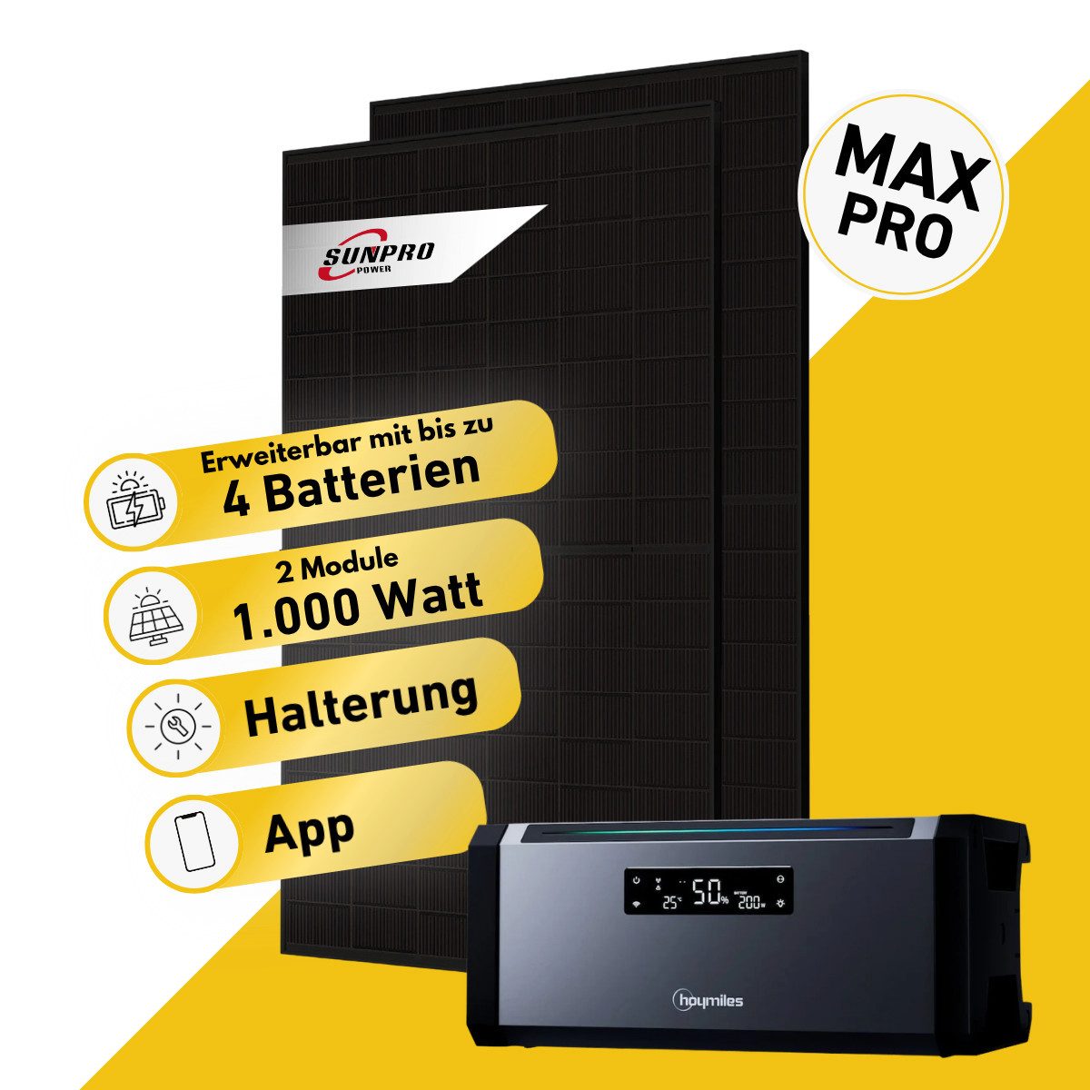 Balkonstrom Balkonkraftwerk MAX Pro 1000 Watt Solaranlage mit Speicher Komplettset Bifazial, 1000 W, Monokristallin, (2x Sunpro Solarmodul á 500 Watt, 1x Hoymiles HiBattery 1920 AC, 1-5 Zusatzspeicher Hoymiles HiBattery), Halterung für Dach, Fassade, Balkon & Garten, App & Plug&Play DE