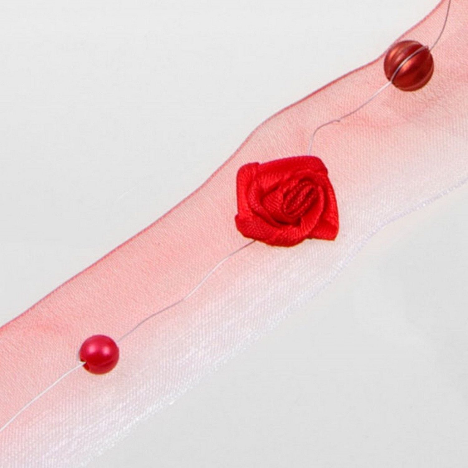 Deko AS Dekoobjekt Dekoband Rot-Weiß mit Satinrosen und Perlen - 25 mm - 1 VE = 2 Rollen (2 St., 2 Rollen à 5m), mit Satinrosen + Perlen