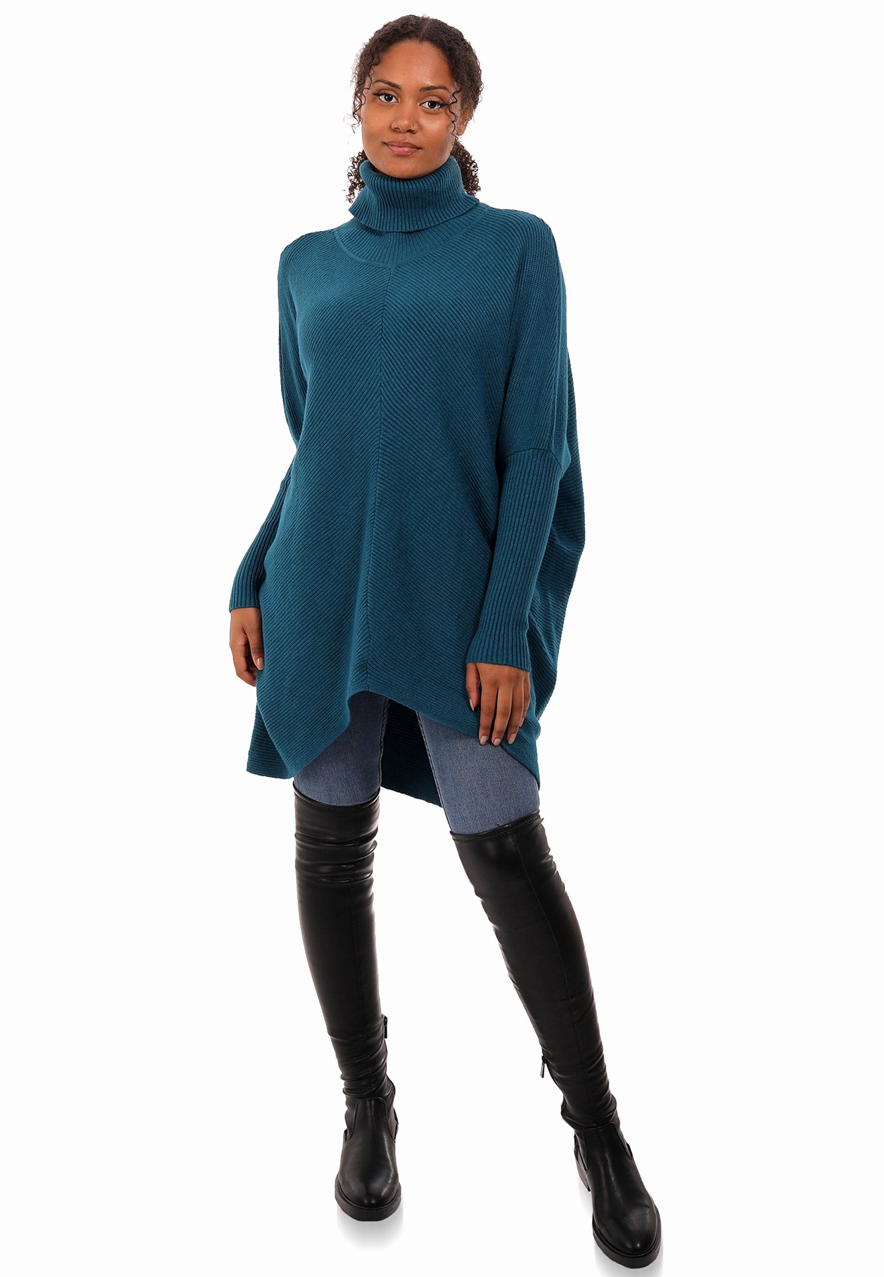 YC Fashion & Strickpullover mit asymmetrisch Rollkragen überschnittenen (1-tlg) Style Size Unifarbe, in Plus Longpullover Schultern petrol mit