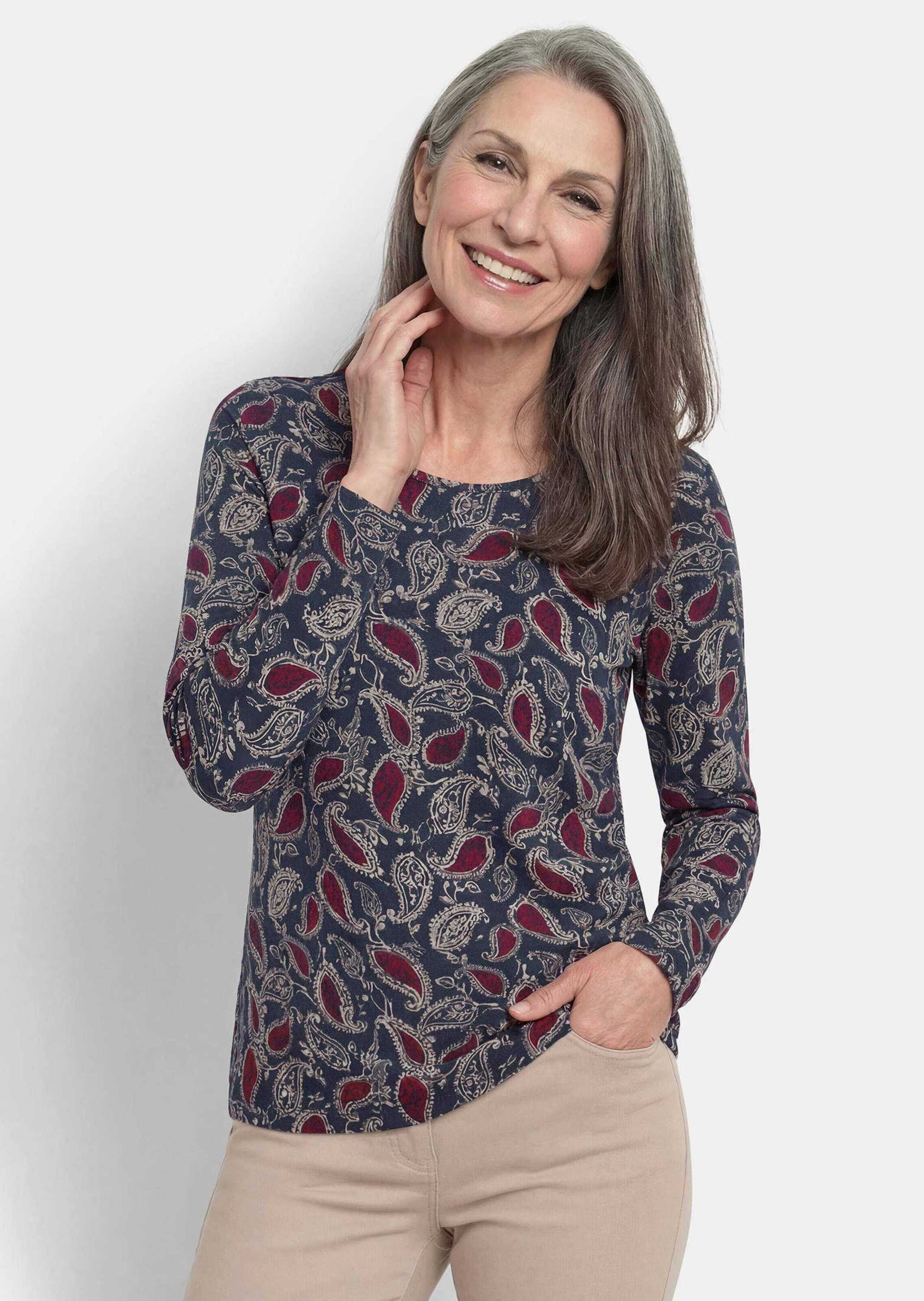 GOLDNER Print-Shirt Kurzgröße: Viskoseshirt mit Paisley-Druck Langarmshirt mit Rundhalsausschnitt aus Viskose-Jersey