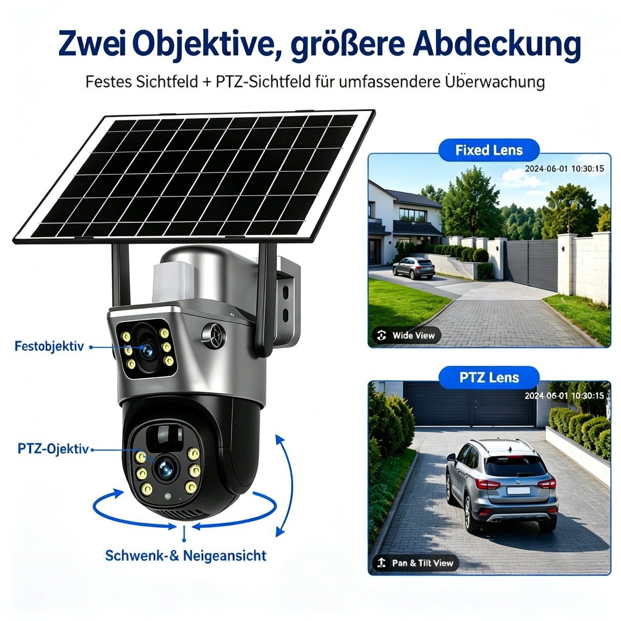 ANTCOOL Überwachungskamera WiFi Solar-Überwachungskamera Außen Doppellinse PTZ, IP66 – Bild 3 von 5
