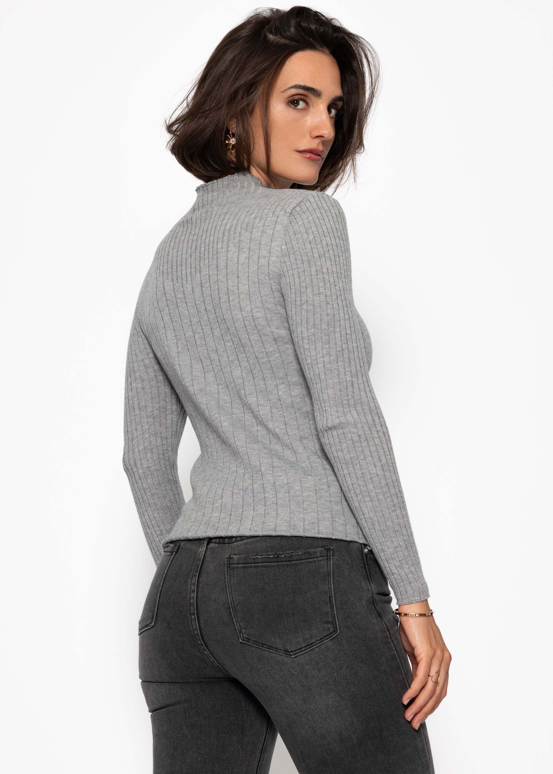 SASSYCLASSY Langarmshirt Rippstrickoberteil mit Stehkragen Damen Figurbetonter Feinstrickpullover mit Viskoseanteil Grau Beige Rosa