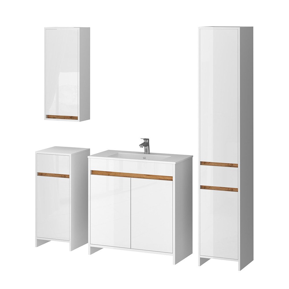 Vicco Badmöbel-Set Lemgo, Weiß Hochglanz/Goldkraft Eiche, günstig online kaufen