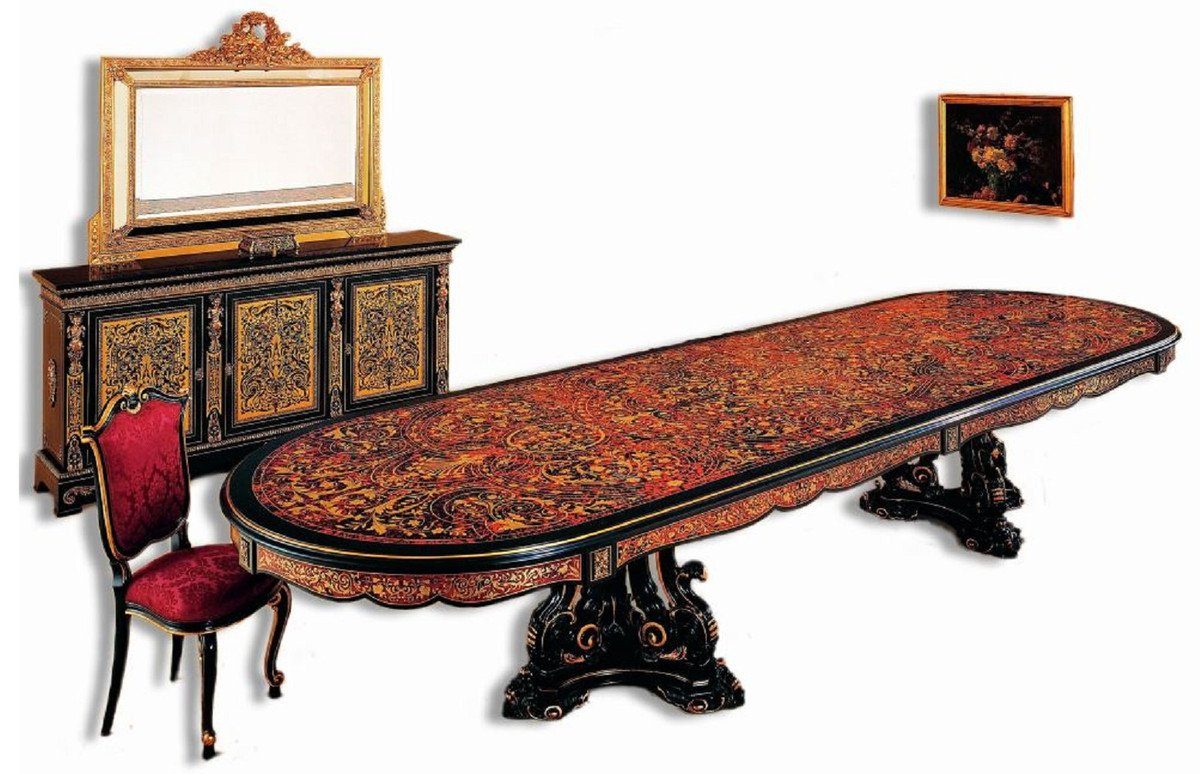 Casa Padrino Esstisch Luxus Barock Boulle Esstisch Schwarz / Rot / Gold 400 x 130 x H. 80 cm - Handgefertigter Massivholz Esszimmertisch - Barock Esszimmer Möbel - Edel & Prunkvoll