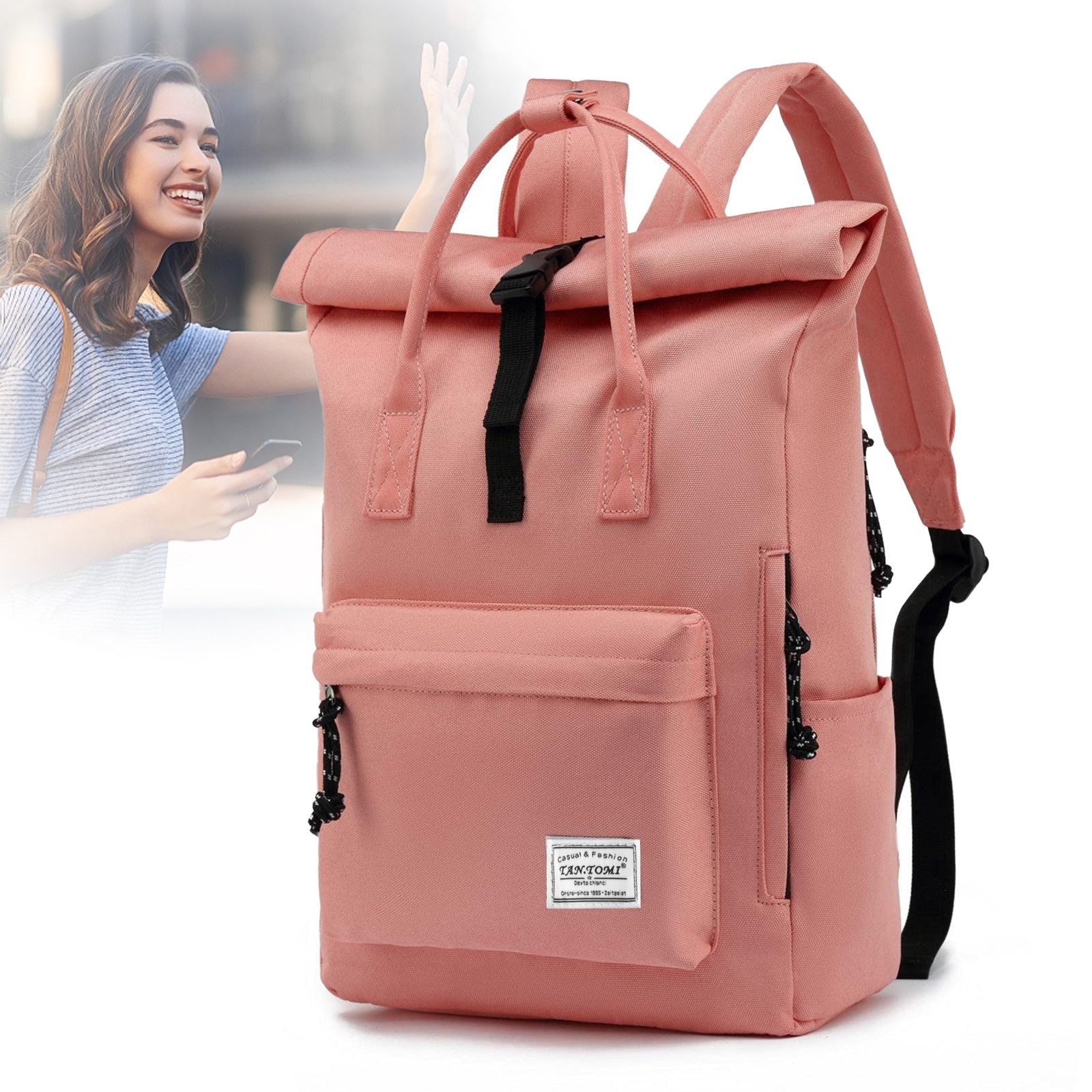 TAN.TOMI Cityrucksack Rucksack Damen Herren Tagesrucksack mit Laptopfach, Modern Rolltop Rucksack Daypack, Wasserabweisend