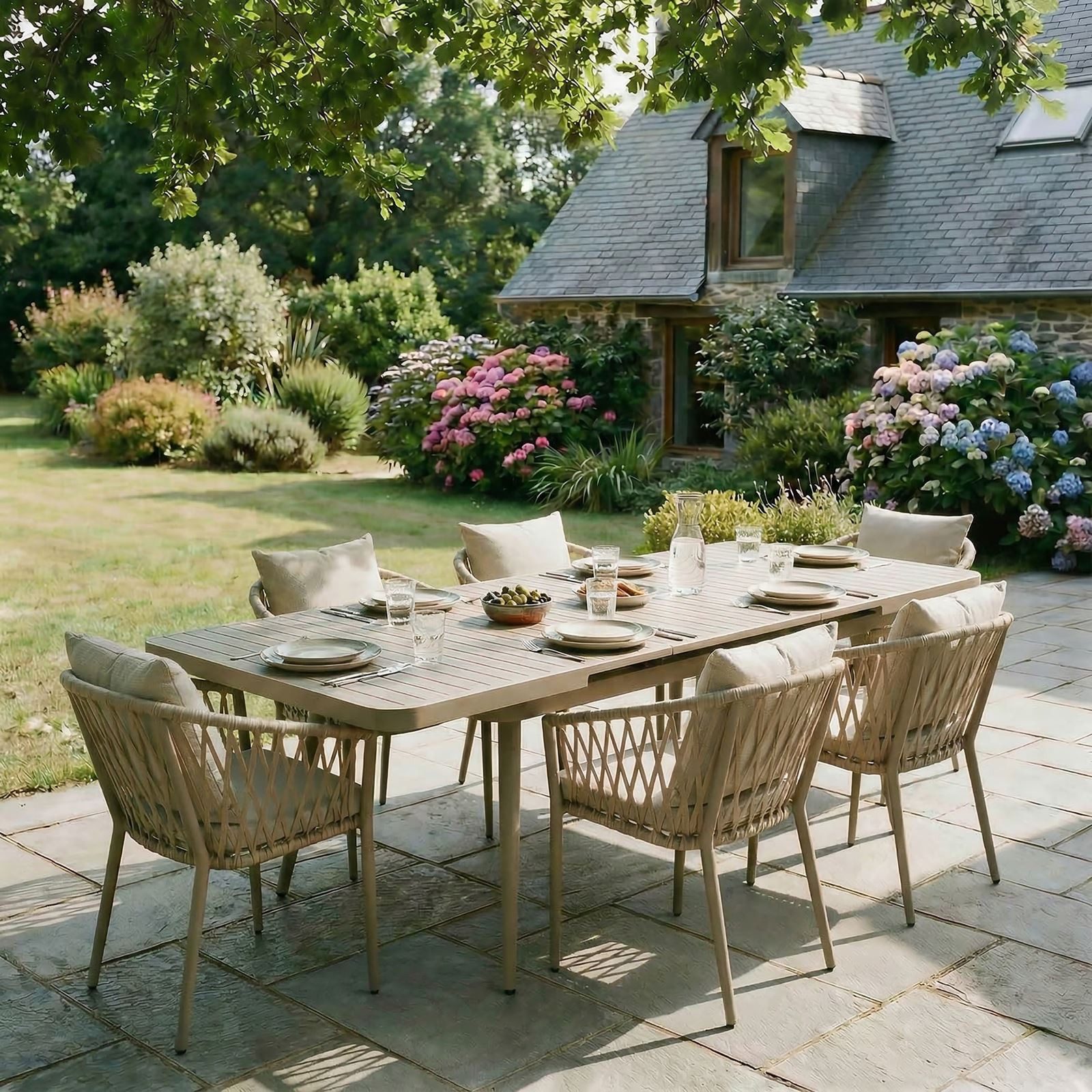 IDIMEX Garten-Essgruppe SUNNY, Gartenmöbel Set mit 6 Stühlen & ausziehbarem Tisch Champagner/Beige