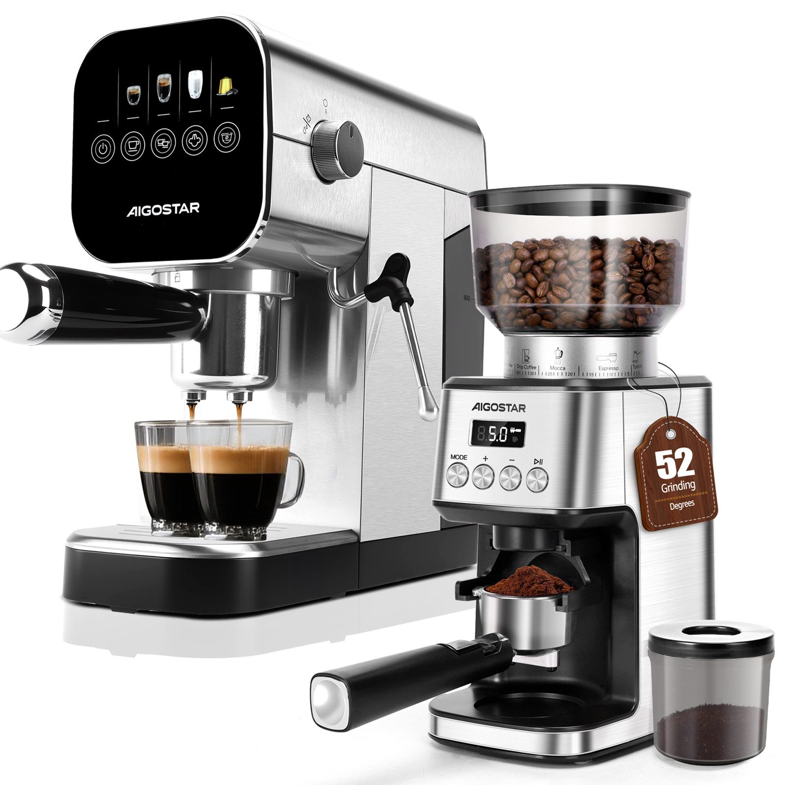 Aigostar Siebträgermaschine Espressomaschine mit Milchaufschäumer, Kompatibel mit Kapseln und Gemahlenem Kaffee, Edelstahl, 20 Bar, Digitales Touchpanel, 1/2 Tassen, 0,9L, 1350 W, Edelstahl