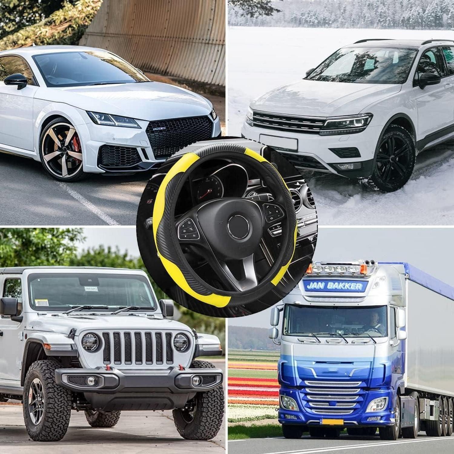 Luxury Collection Car Floor Mats Steering Wheel Cover Universal Non-Slip Microfiber 37 38 cm Yellow