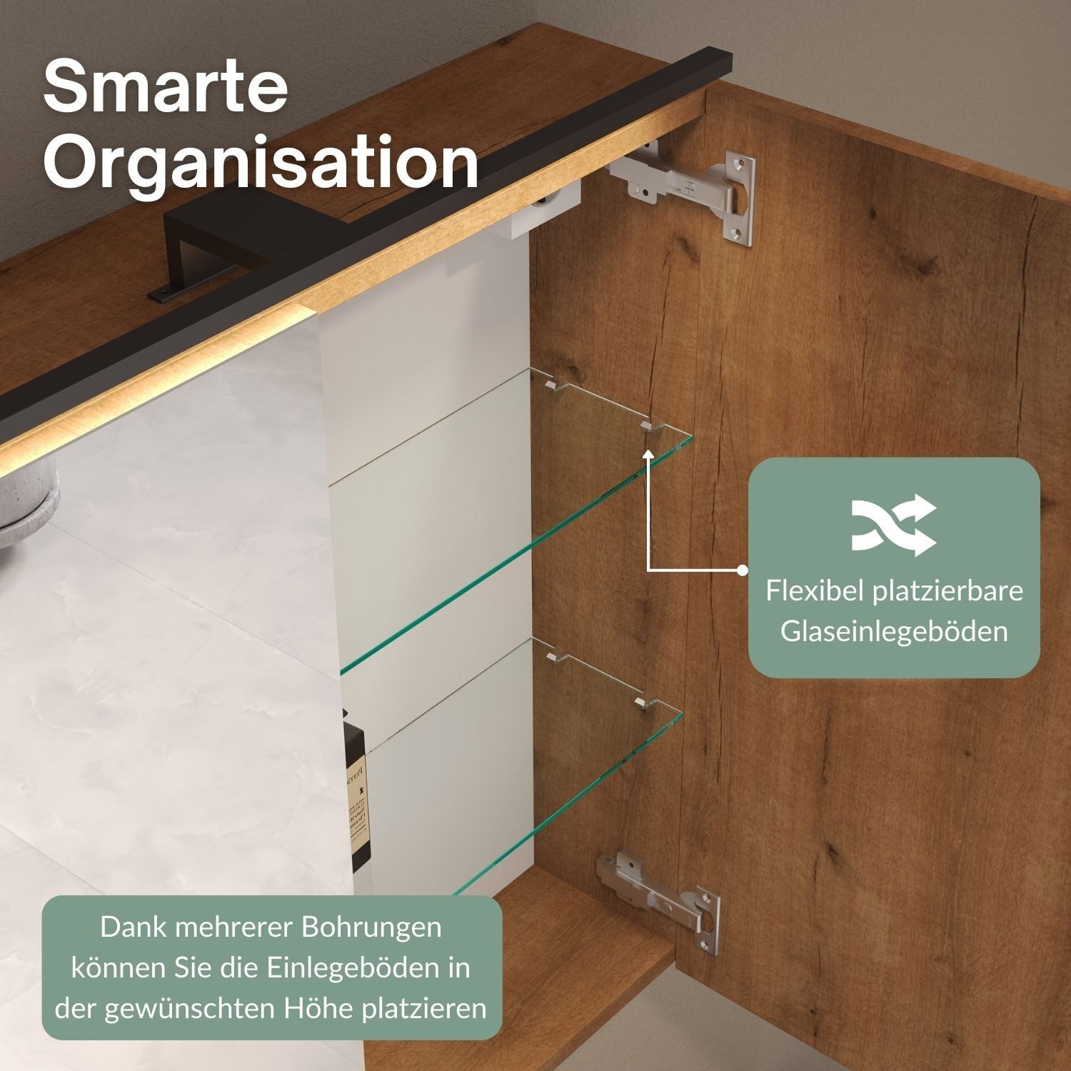 Planetmöbel Spiegelschrank Spiegelschrank ARIA (Spiegelschrank Bad 80 cm mit Beleuchtung und Steckdose, Badspiegelschrank 2-türig) Steckdose für Elektrogeräte