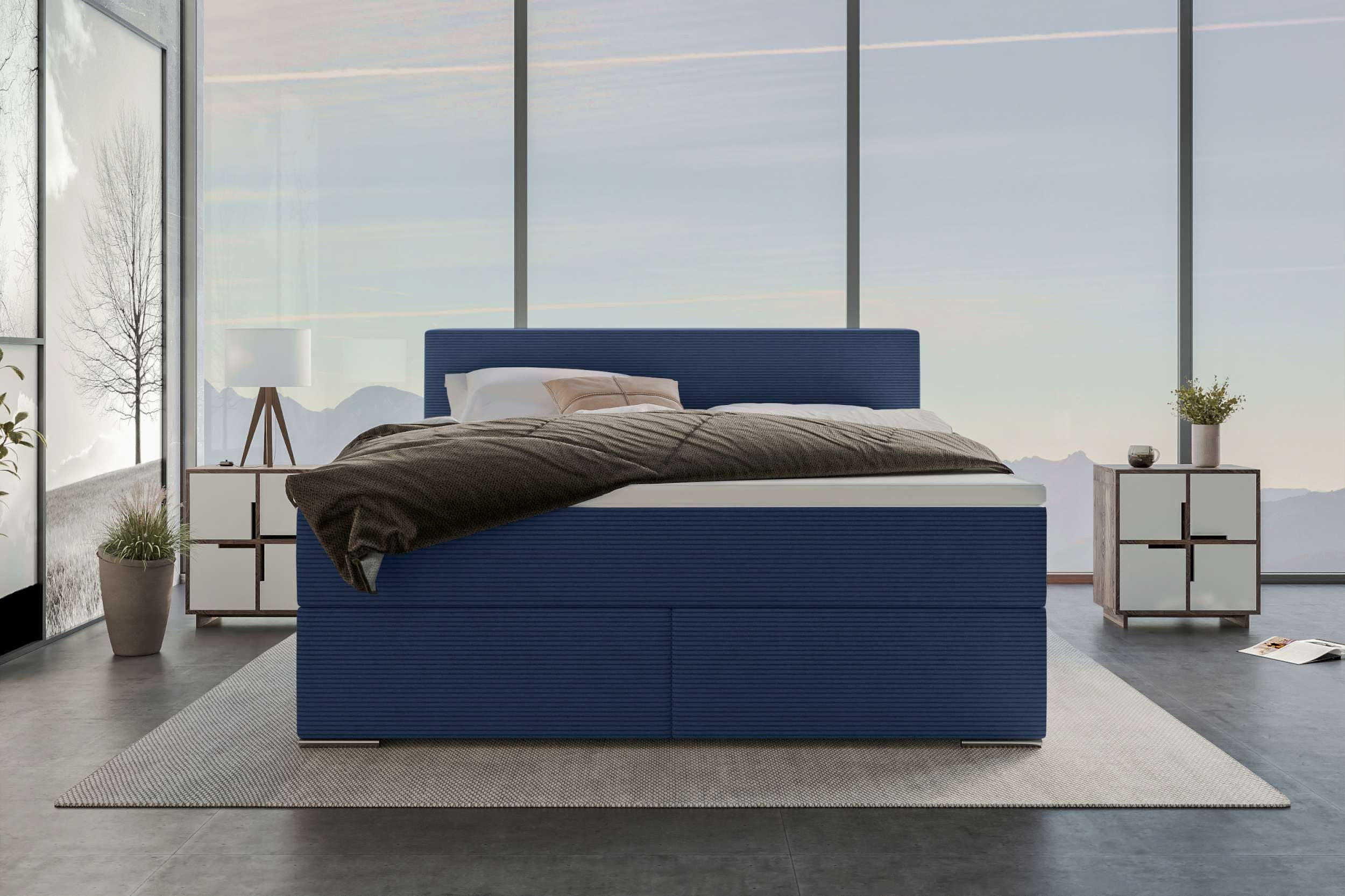 Sofa Dreams Boxspringbett Boxspringbett Valerio Cordstoff, Cordstoff, blau, 140x200 cm (Schlafzimmerbett, Bett), mit Taschenfederkernmatratze, Topper und gepolstertem Cordstoff POSO
