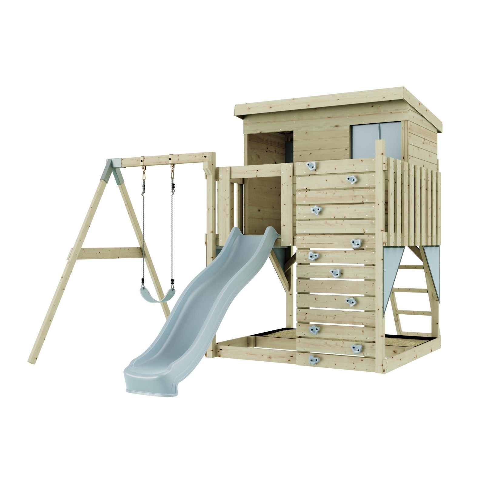 OutdoorToys Spielturm Tjorven, aus Holz in Eisblau mit Kinderschaukel & Rutsche, Kletterwand