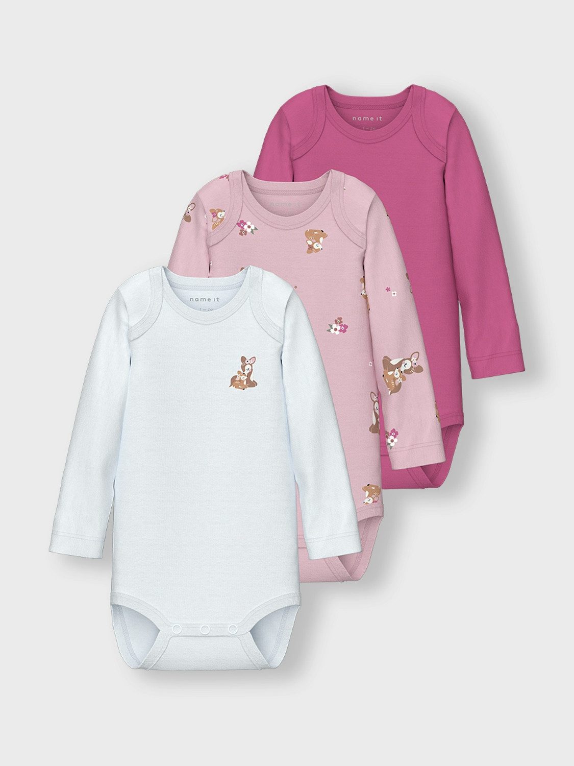 Name It Langarmbody NBFBODY 3P LS IBIS ROSE DEER NOOS (Packung, 3-tlg)