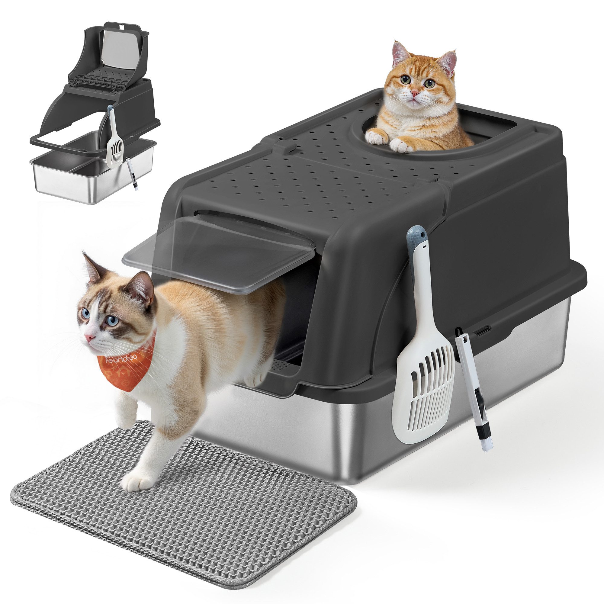 FEANDREA Katzentoilette, Edelstahl, XL, mit Deckel, 2 Eingängen