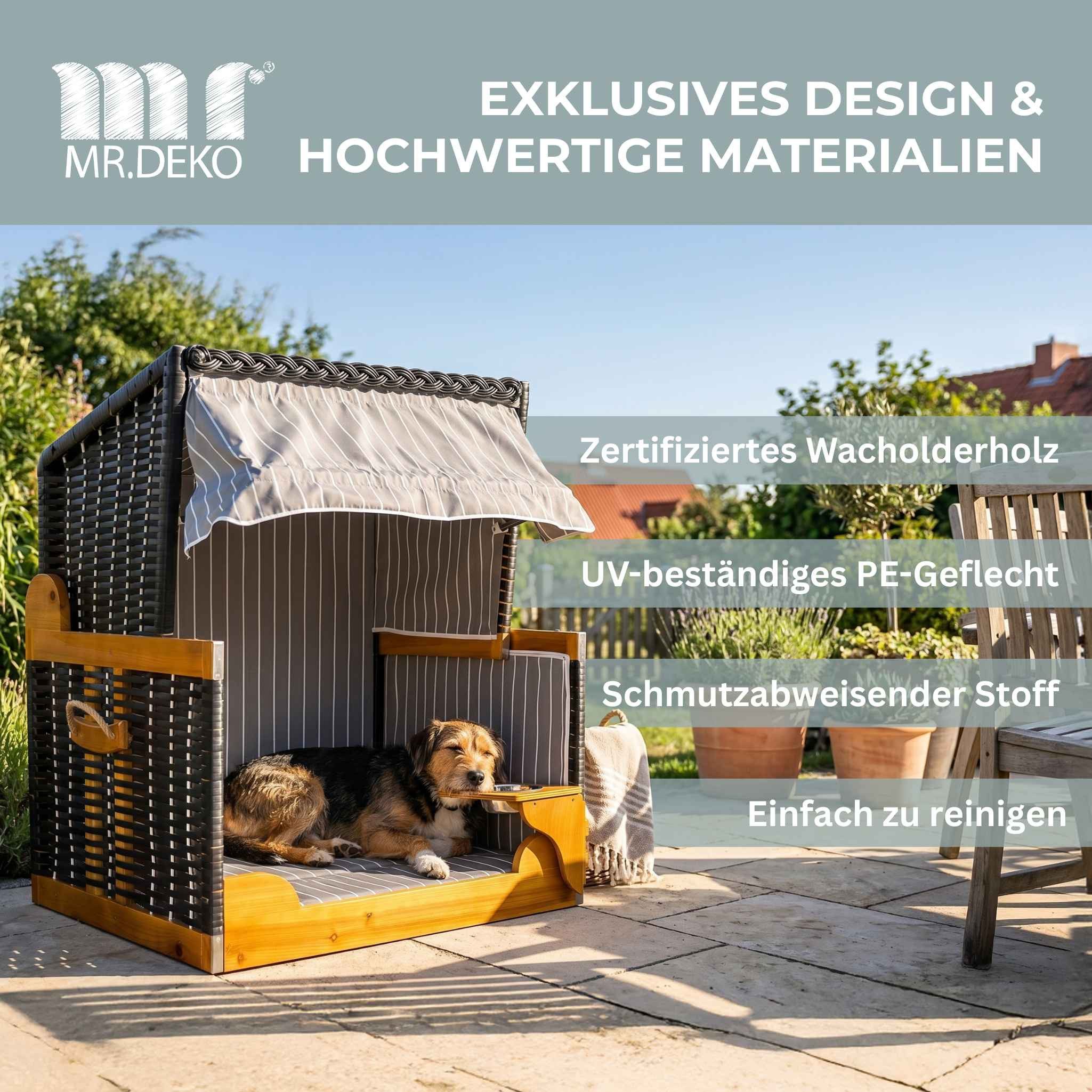 MR.DEKO Haustierstrandkorb Wacholder wetterfest, Hundebett Rattan 80x65x95cm, Hundestrandkorb, BxTxH: 80x65x95 cm, Hundestrandkorb, Hundestrandkorb, (Strandkorb für Hunde und Katzen, zerlegte Lieferung, 1-tlg), Hundekorb mit Napf, verstellbarer Sonnenblende