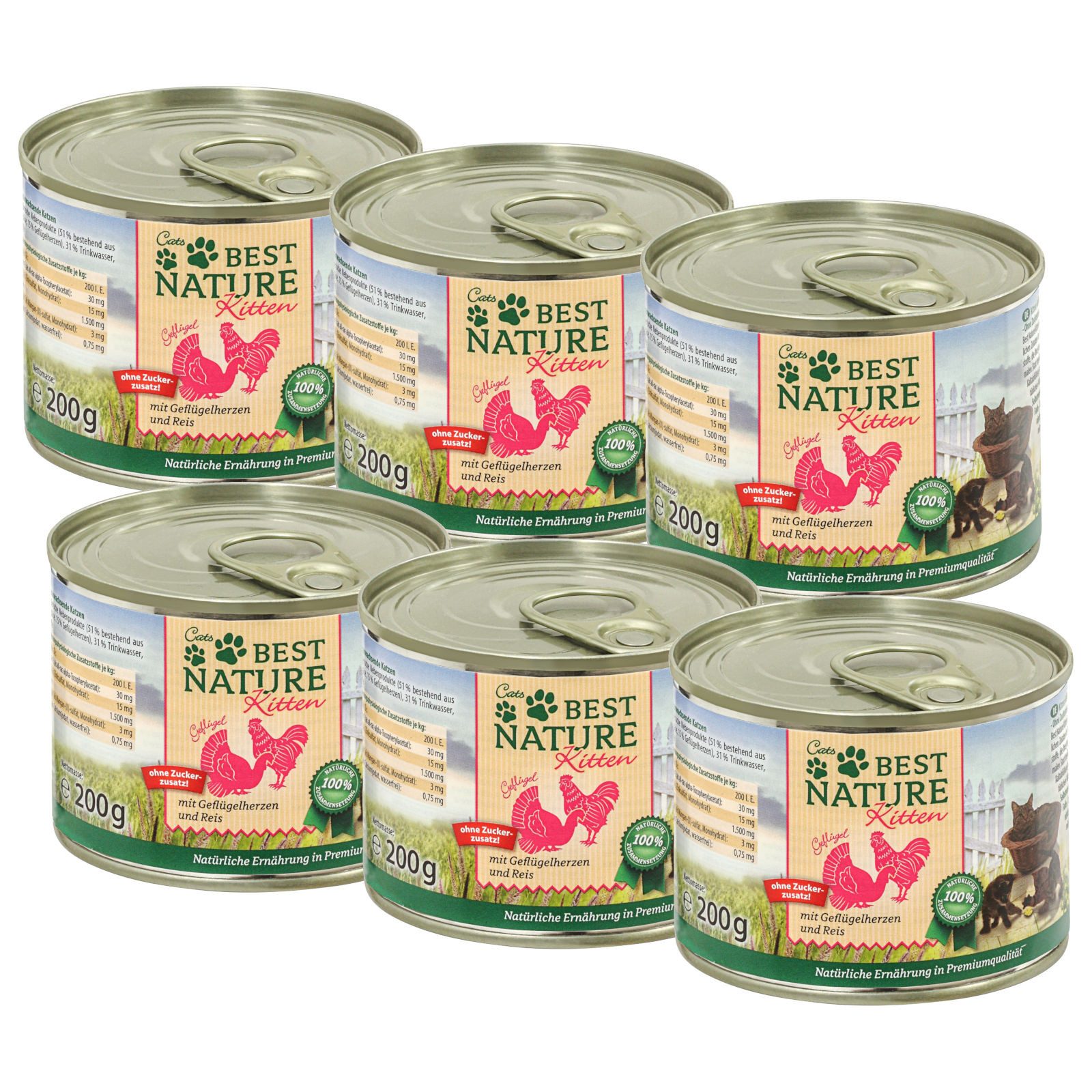 Best Nature Kitten Geflügelherzen + Reis, Nassfutter für Katzen, 6x 200g, Alleinfuttermittel für: Katzen