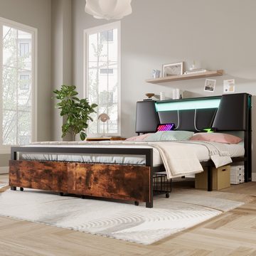 MODFU Stauraumbett Eisenrahmenbett, Bett mit farblich veränderbarem Ambientelicht (24-Tasten-Fernbedienung, ausgestattet mit USB-Buchse 140*200cm), ohne Matratze