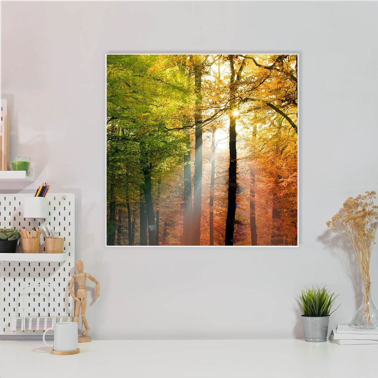 banjado Magnettafel Stahl Quadratisch Herbstwald, (inkl. 4 Magnete, Quadratische Stahlmagnettafel)