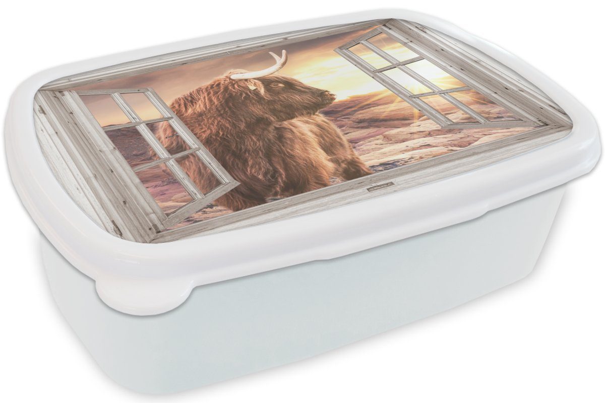 MuchoWow Lunchbox Schottischer Highlander Kinder und weiß Brotdose, Sonnenuntergang, für (2-tlg), - Aussicht - Brotbox Erwachsene, für Jungs und Mädchen Kunststoff
