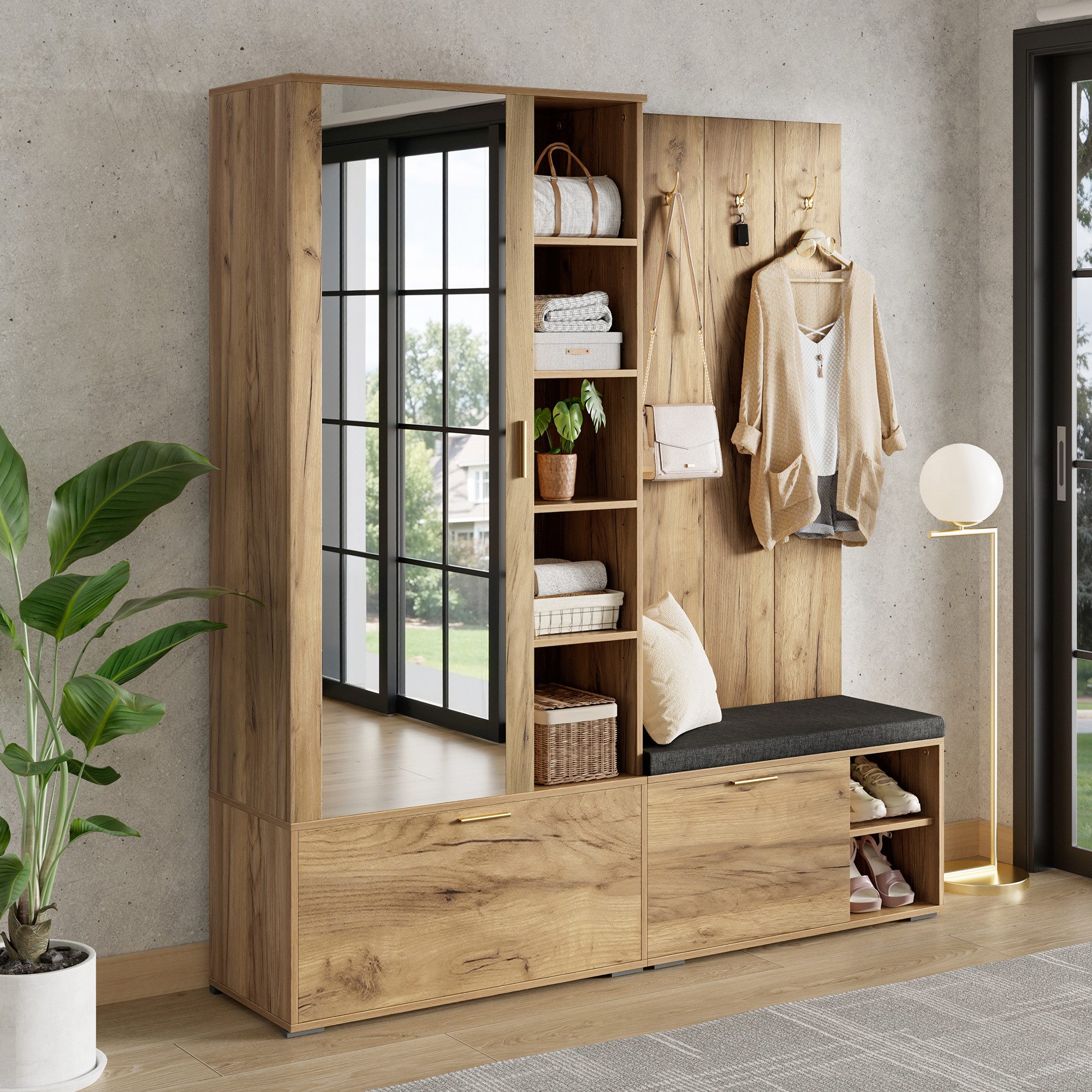 Merax Garderoben-Set Garderobenset, Schuhschrank mit Klappen, Sitzbank, (1-St., Kleiderschrank mit ausziehbarer Kleiderstange, 4 Haken, Spiegel), Garderobenständer