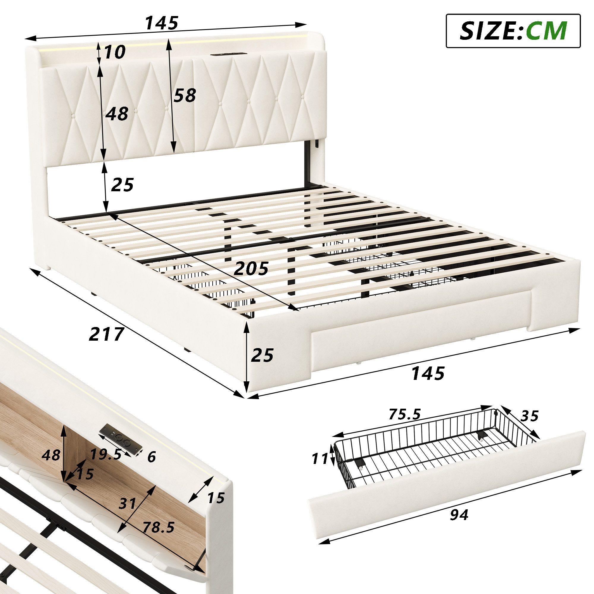 Furnishings Home Polsterbett Stauraumbett LED Doppelbett inkl. LED + Nachttisch (USB + Type-C und 2 Stecker, Drei extra große Schubladen), Mit LED-Beleuchtung, Ladefunktion, Samt, 140x200 cm