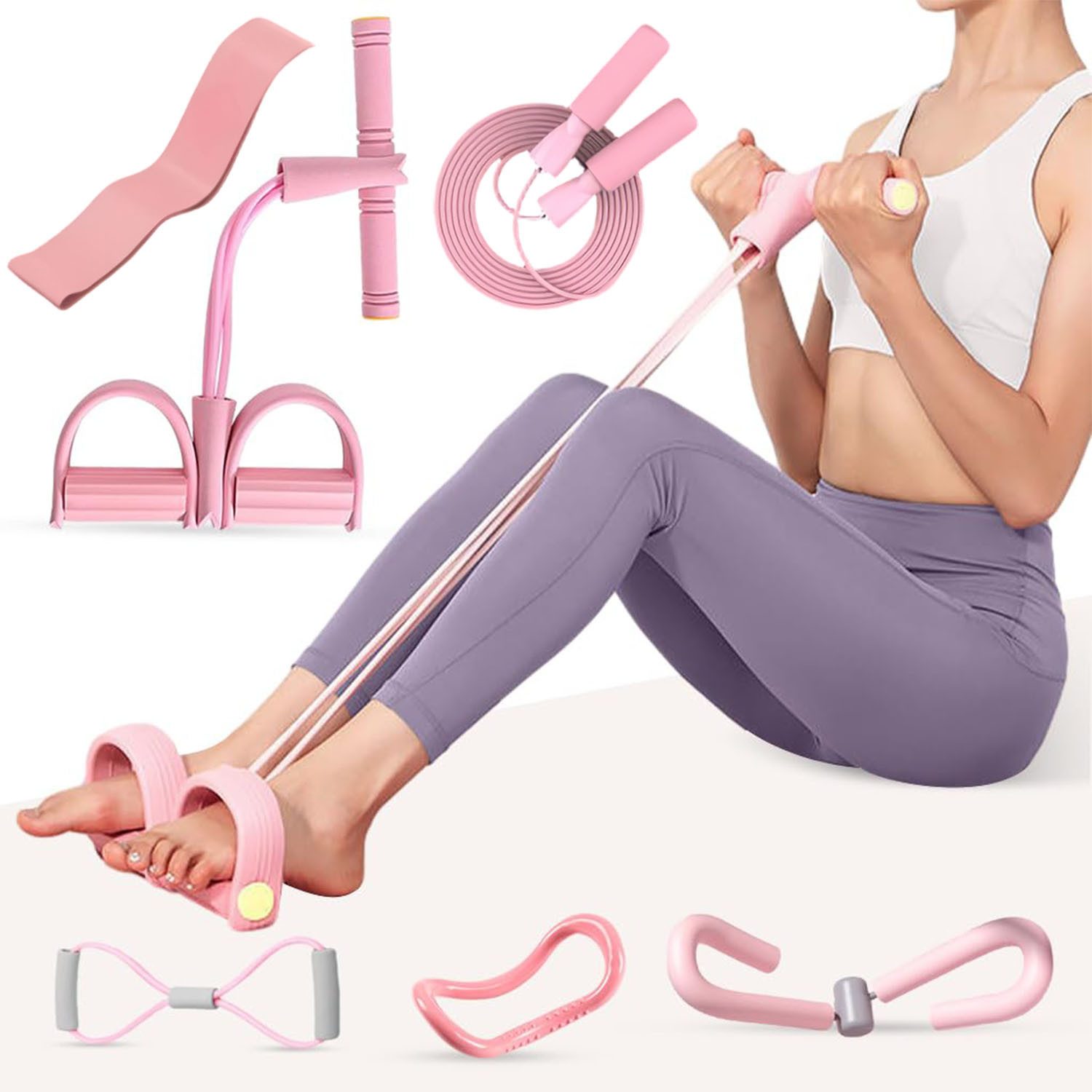 HEYHIPPO Multitrainer 6-teiliges Yoga- und Fitness-Set, Pink, Ganzkörpertraining zu Hause, (Sixpack, Platzsparendes Yoga-Set, rutschfestem Griff und ergonomischem Design), Heim-Workout Set,Trainingsbänder, Expander & Sprungseil für Ganzkörper
