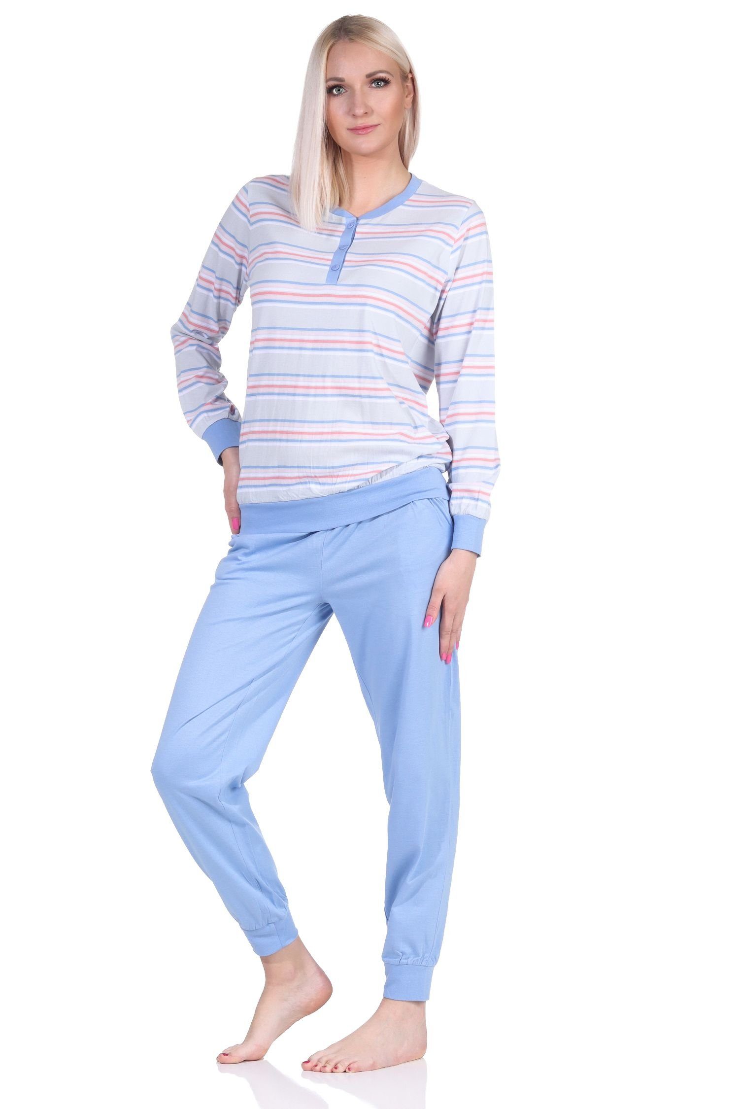 Normann Pyjama Damen Schlafanzug langarm in hellblau Bündchen Pyjama mit pastellfarbenen Look