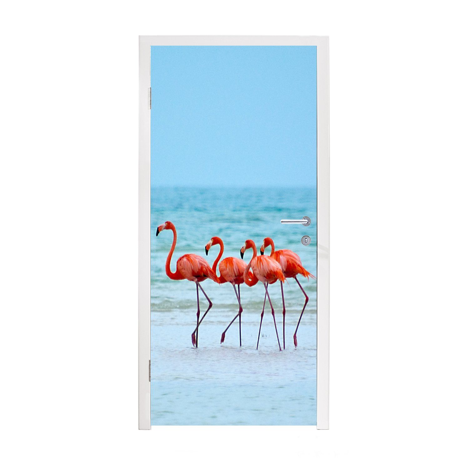 St), Türtapete (1 im Matt, cm bedruckt, MuchoWow Türaufkleber, 75x205 Fototapete spazieren Vier Tür, Wasser, für Flamingos