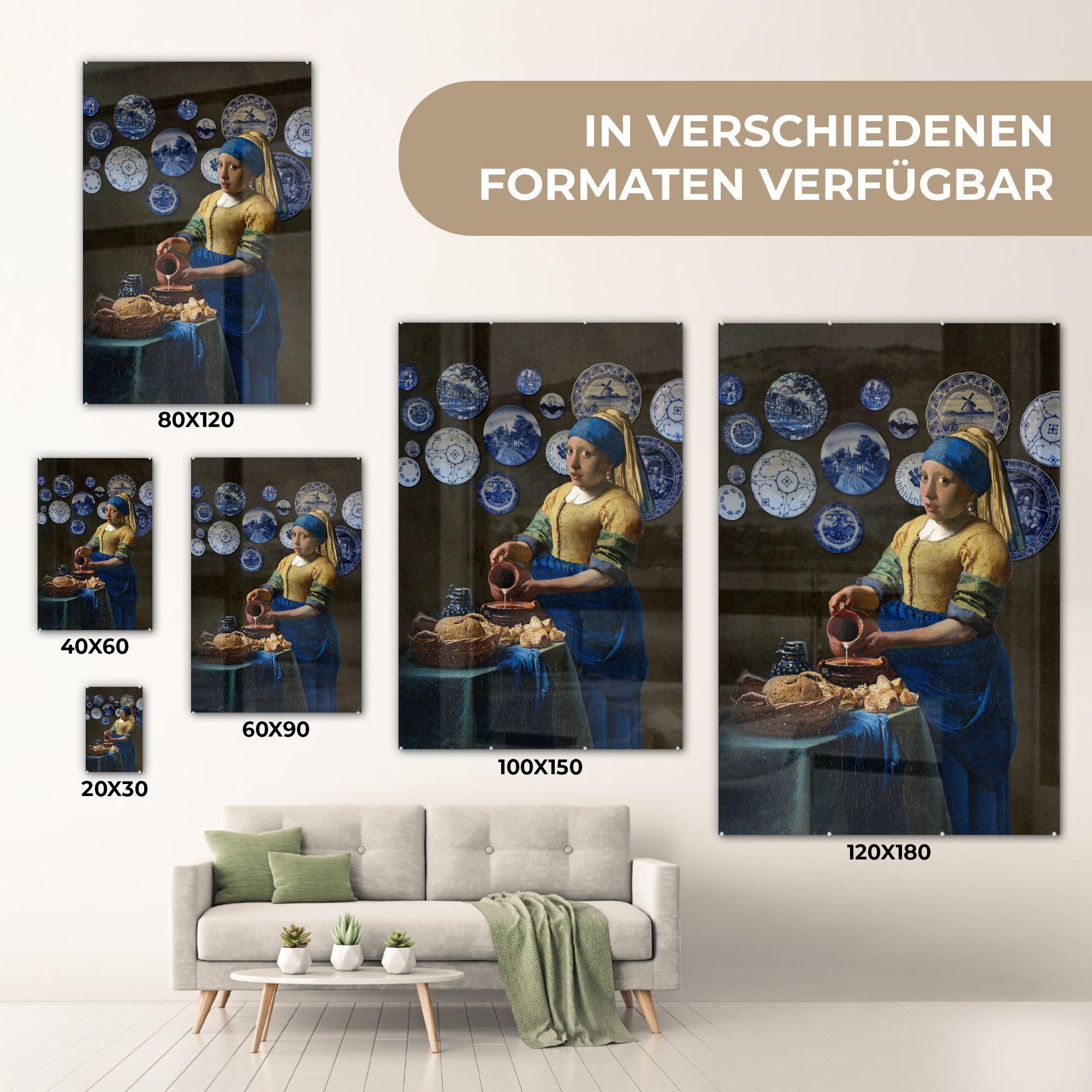 Glas mit (1 Glasbilder - Mädchen MuchoWow dem Bilder Vermeer Das Wandbild Glas auf Perlenohrring, - St), Acrylglasbild Milchmädchen auf Wanddekoration - Foto - -