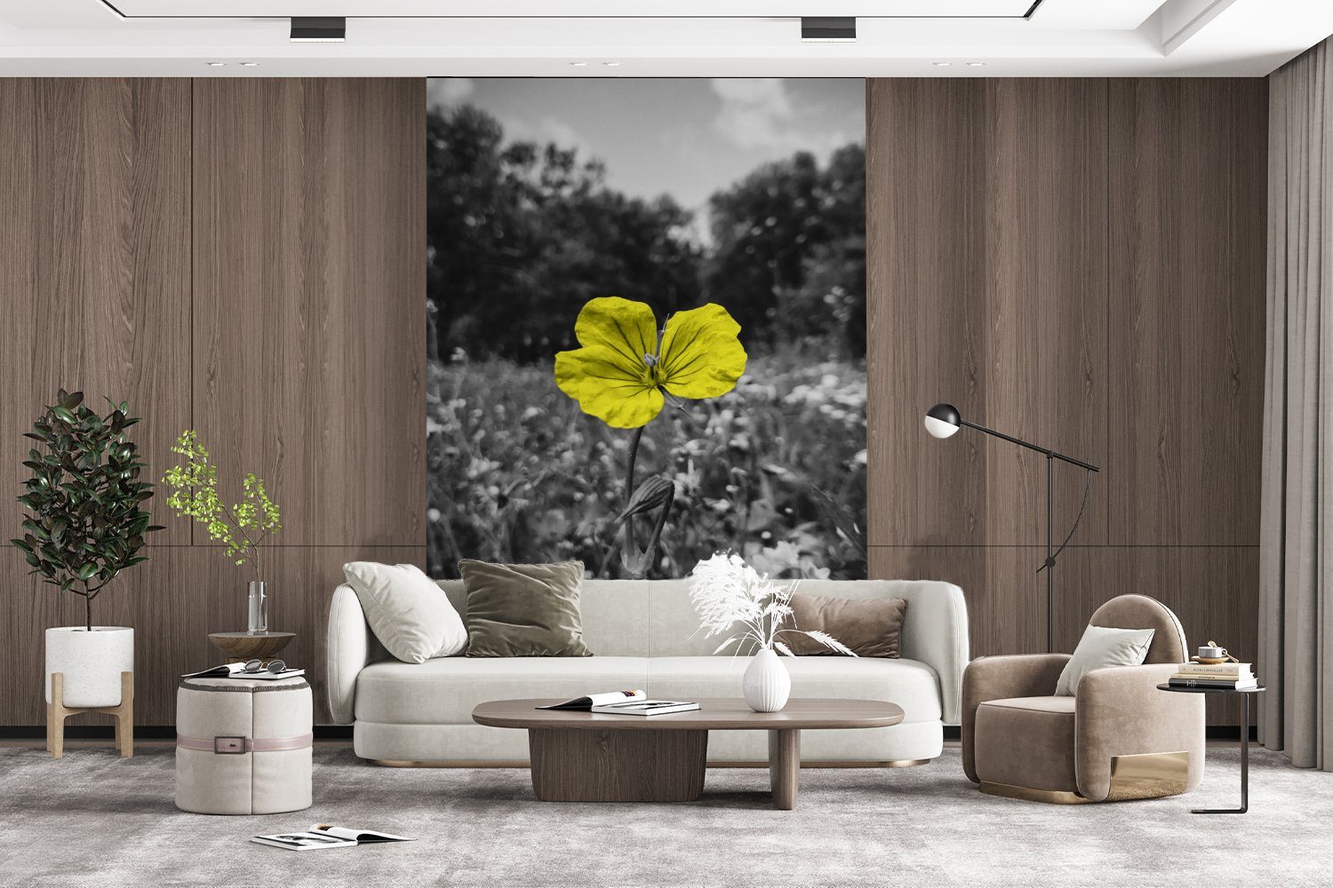 - Gelb - Blumen Wandtapete (3 Matt, Weiß, für Fototapete Montagefertig Wohnzimmer, St), bedruckt, Tapete - Schwarz Vinyl MuchoWow