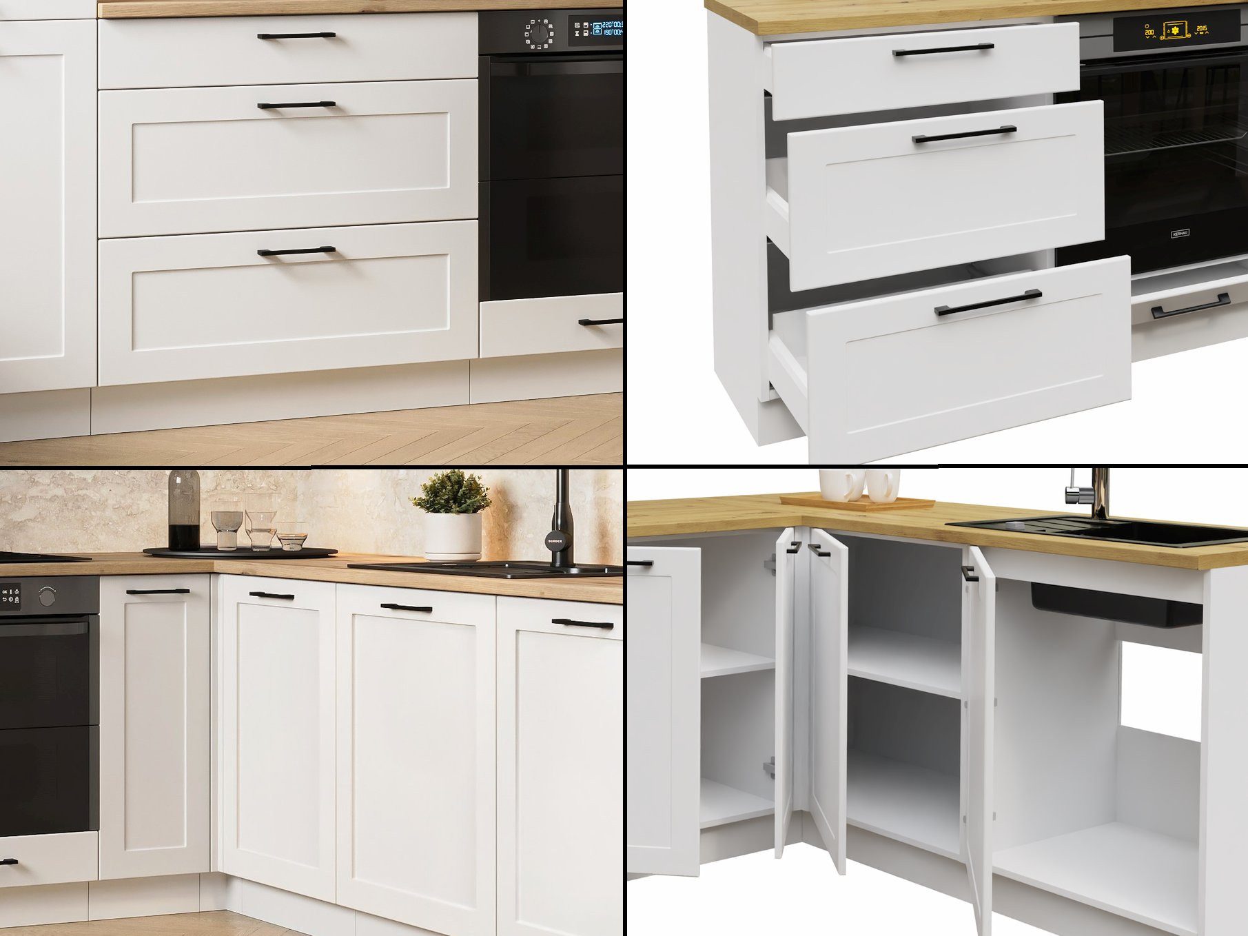 Möbel für Dich Winkelküche Eckküche im Landhausstil 260x170 cm Adele 8-teilig, mit Rahmenfronten in Mattweiß, schwarze Metallgriffe