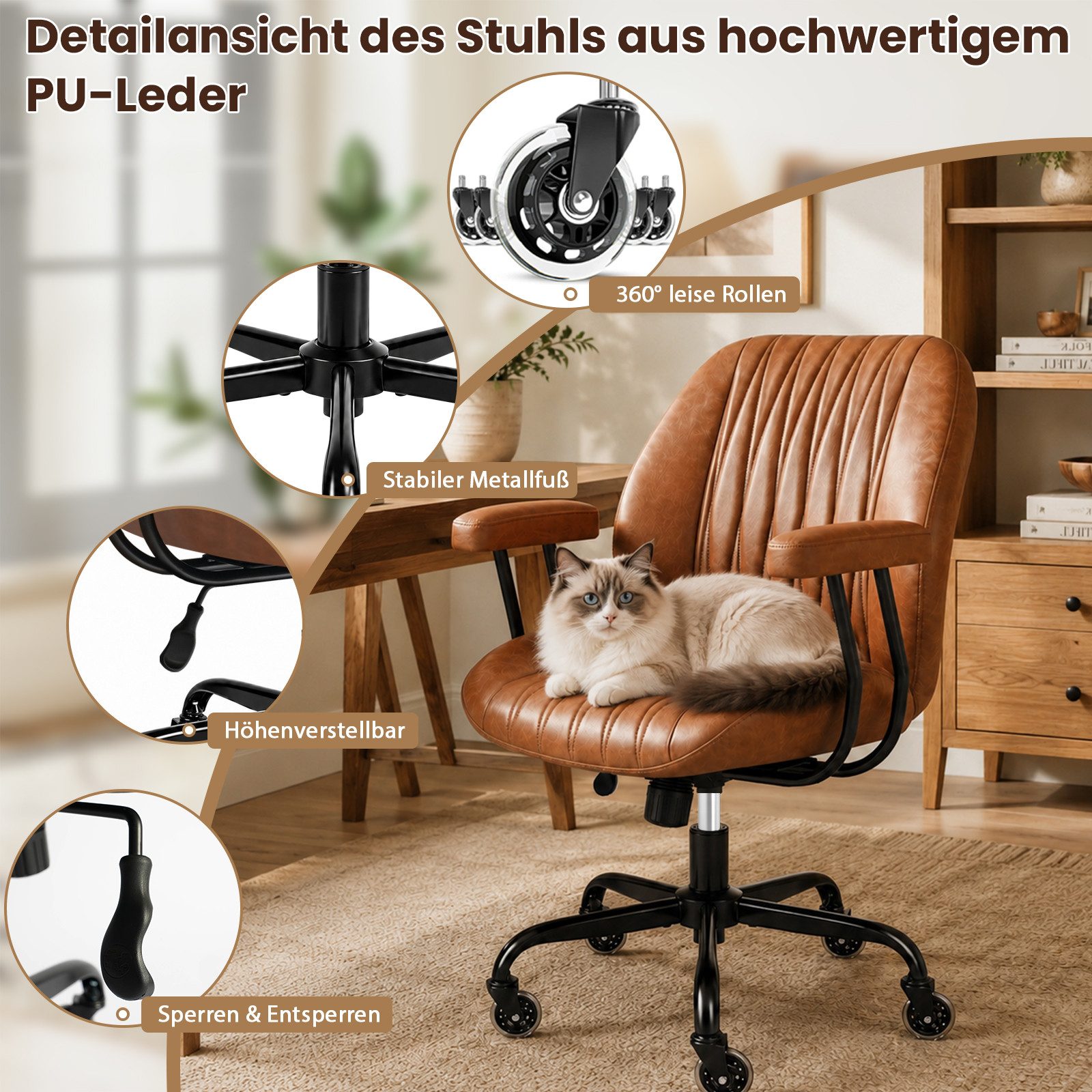 Hoolamyie Bürostuhl,drehstuhl PU-Leder, 90–120° neigbar, Lordosenstütze, leise Rollen (Höhenverstellbar, Bis 150 kg belastbar, Abnehmbare 7-cm-Armlehnen), 360° drehbar, höhenverstellbar, PU-Kunstleder, Rollen