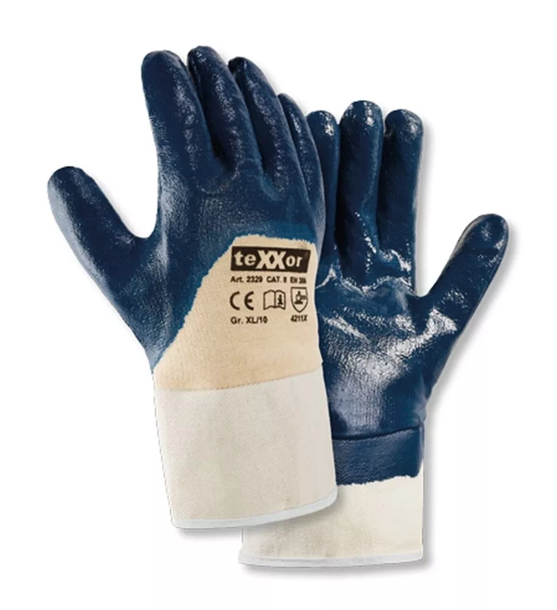 teXXor Arbeitshandschuh-Set 2329 blau 3/4 teilbeschichtet Nitril-Handschuh mit Stulpe (Karton, 12-St., VPE= 12-144, Gr 7-11) teilbeschichtet/atmungsaktiv